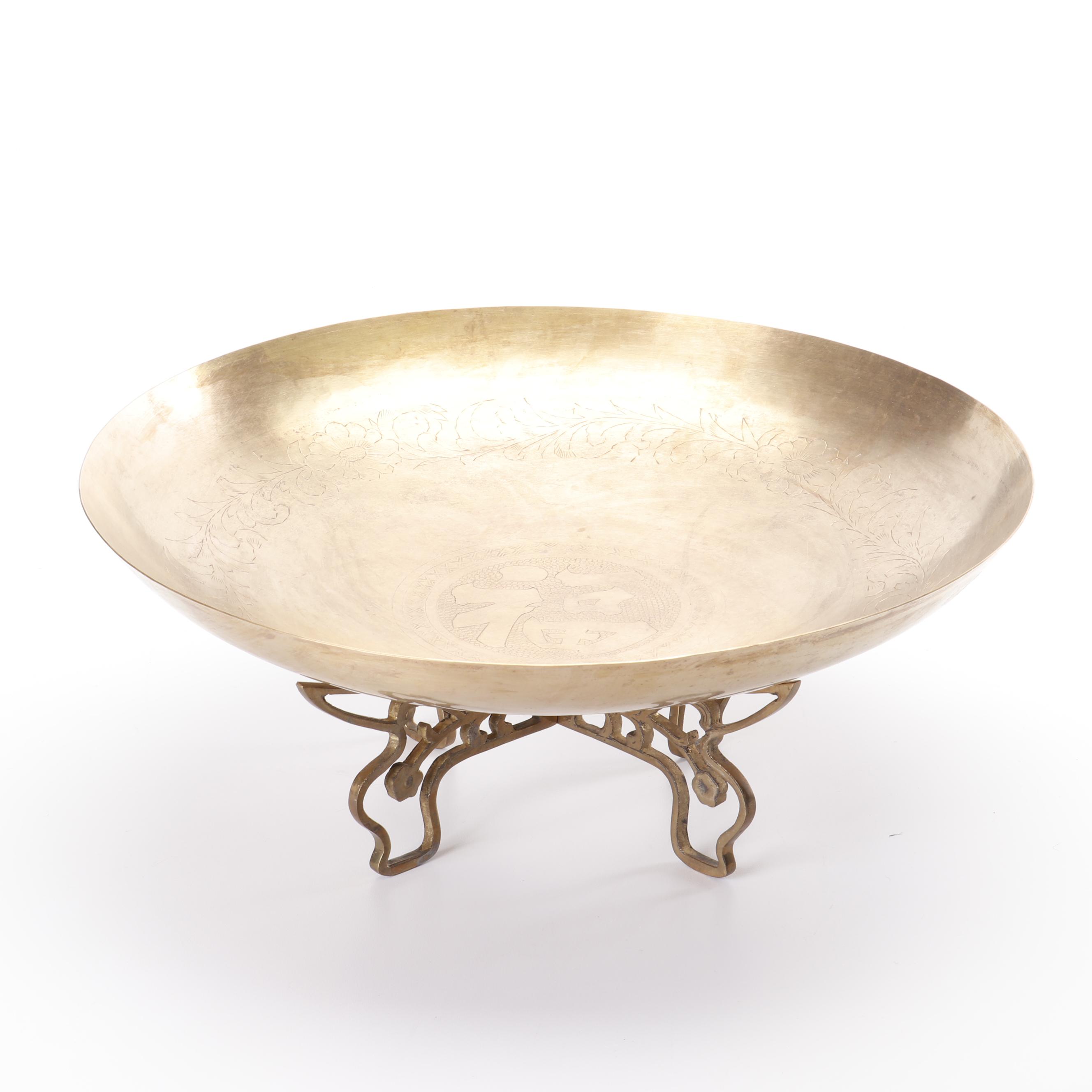 Vintage Chinese Etched Brass Bowl with Stand EBTH