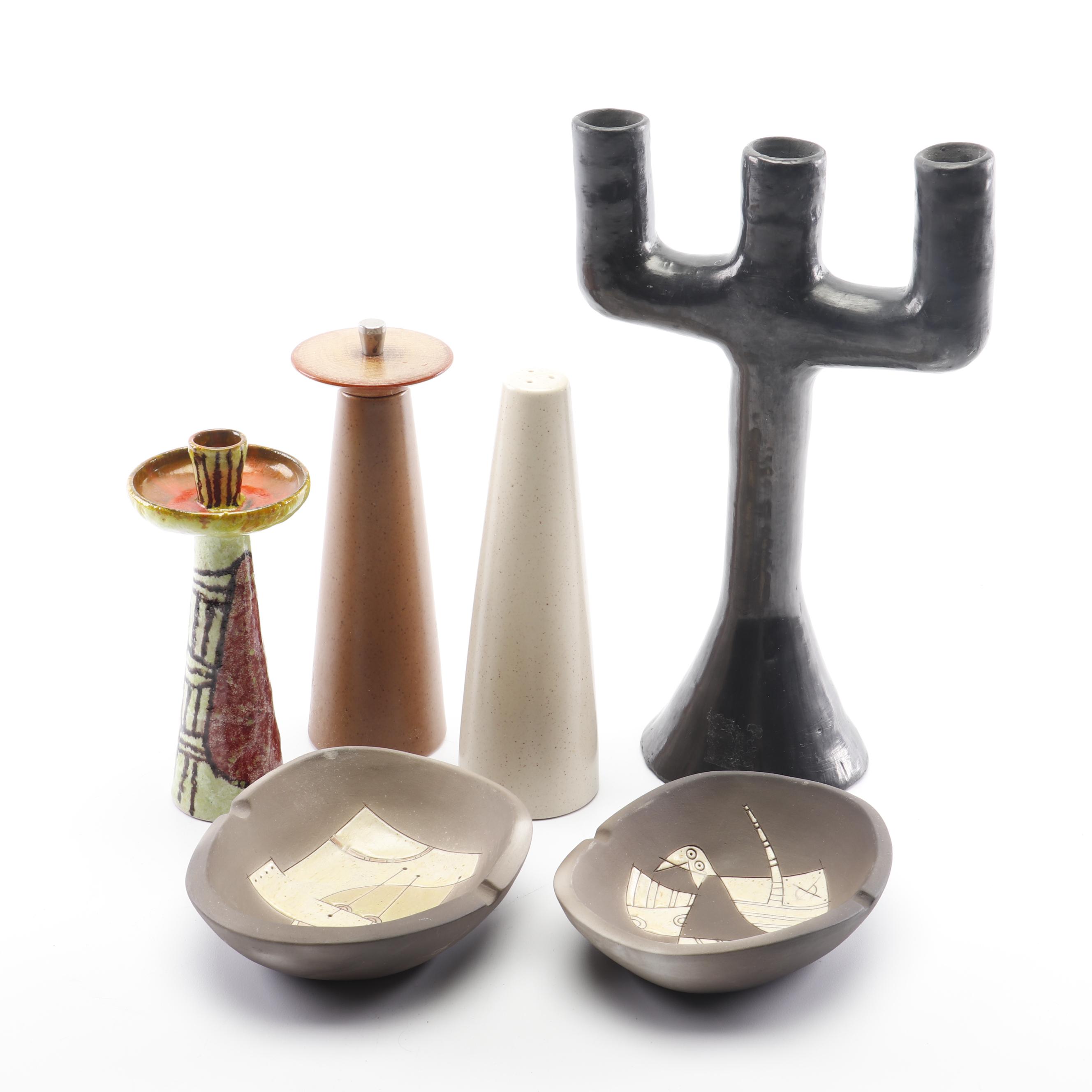 Mid Century Modern Ceramic Salt & Pepper Shaker, Italian Candle Holder