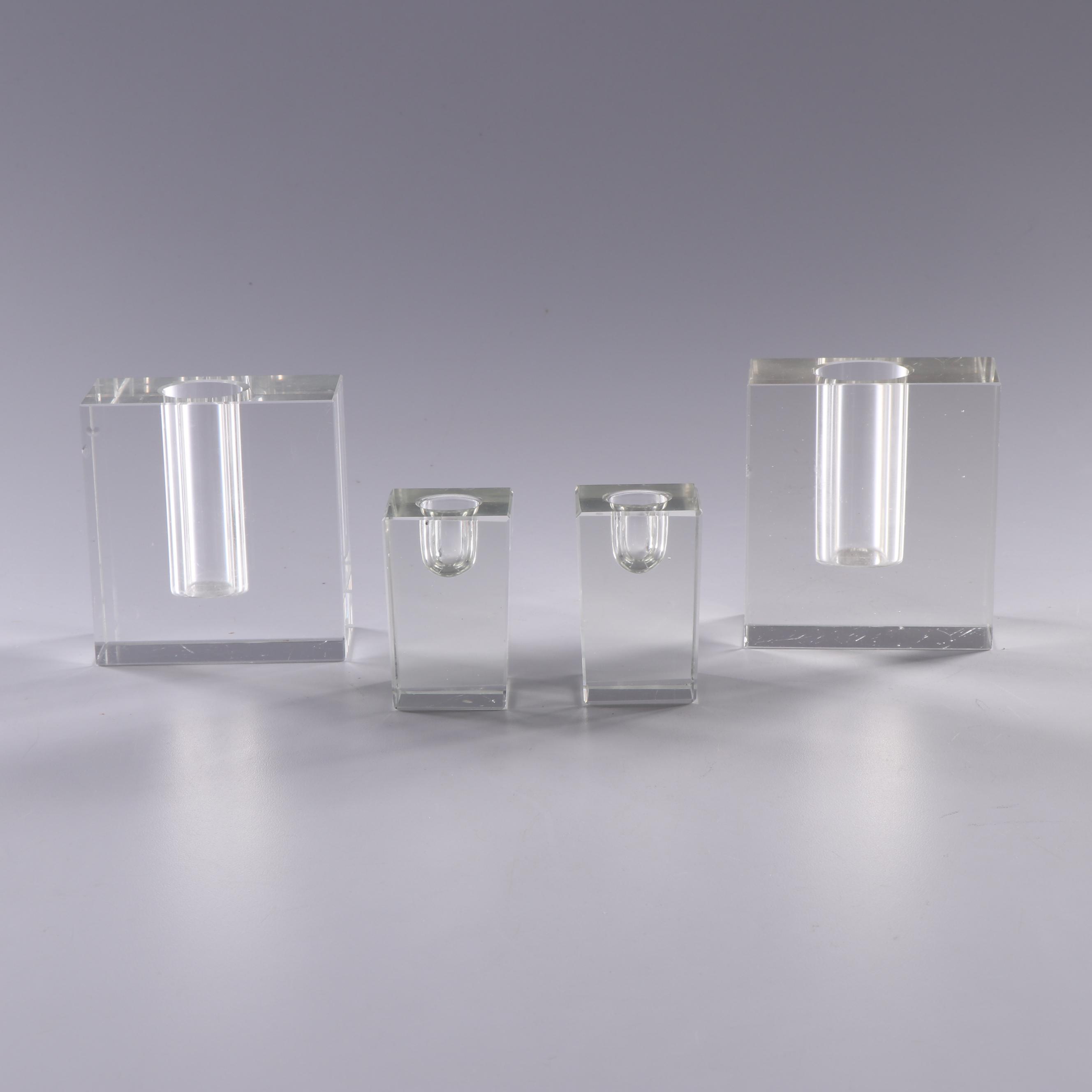 Clear Glass Block Candle Holders, 20th Century EBTH