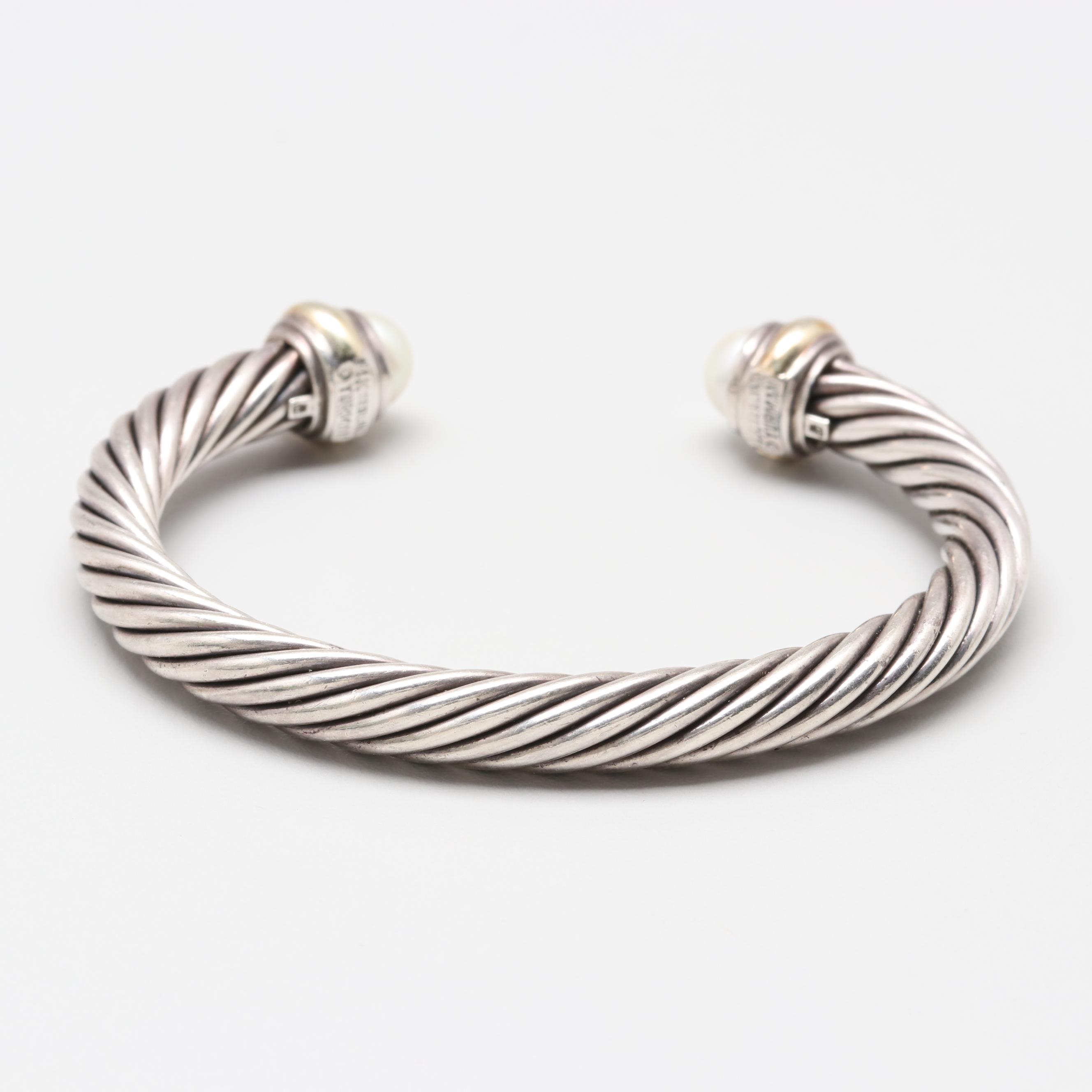 David Yurman Cable Classics Sterling Silver Cultured Pearl and 14K Cuff