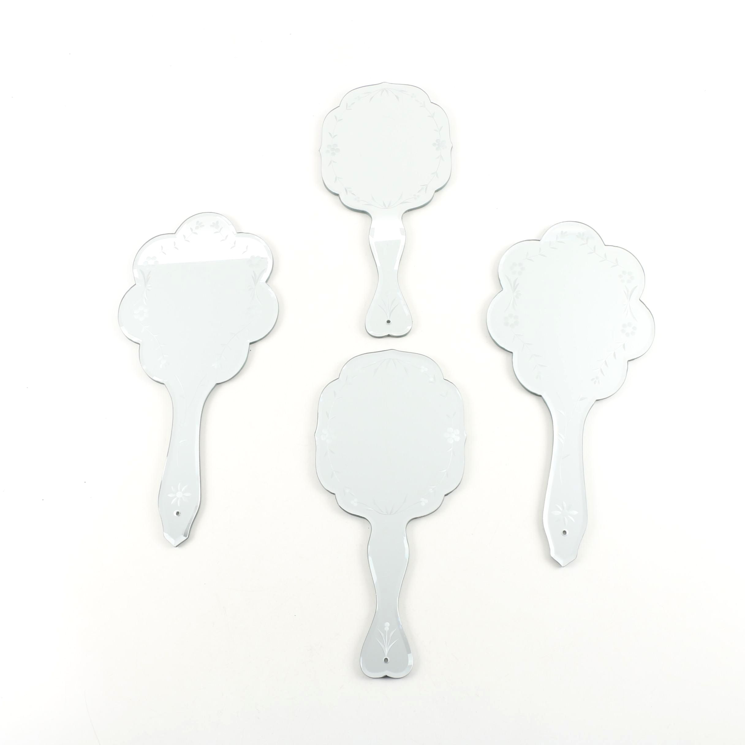 Hand Mirror Shaped Venetian Style Wall Mirrors With Etched Floral