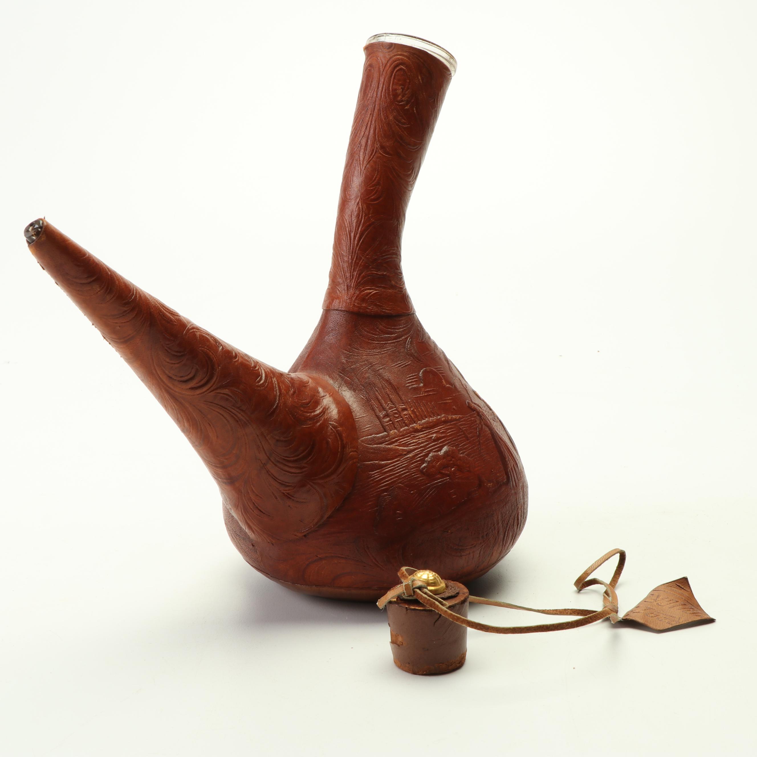 Italian and Spanish Style Leather Covered Decanters with Green Glass