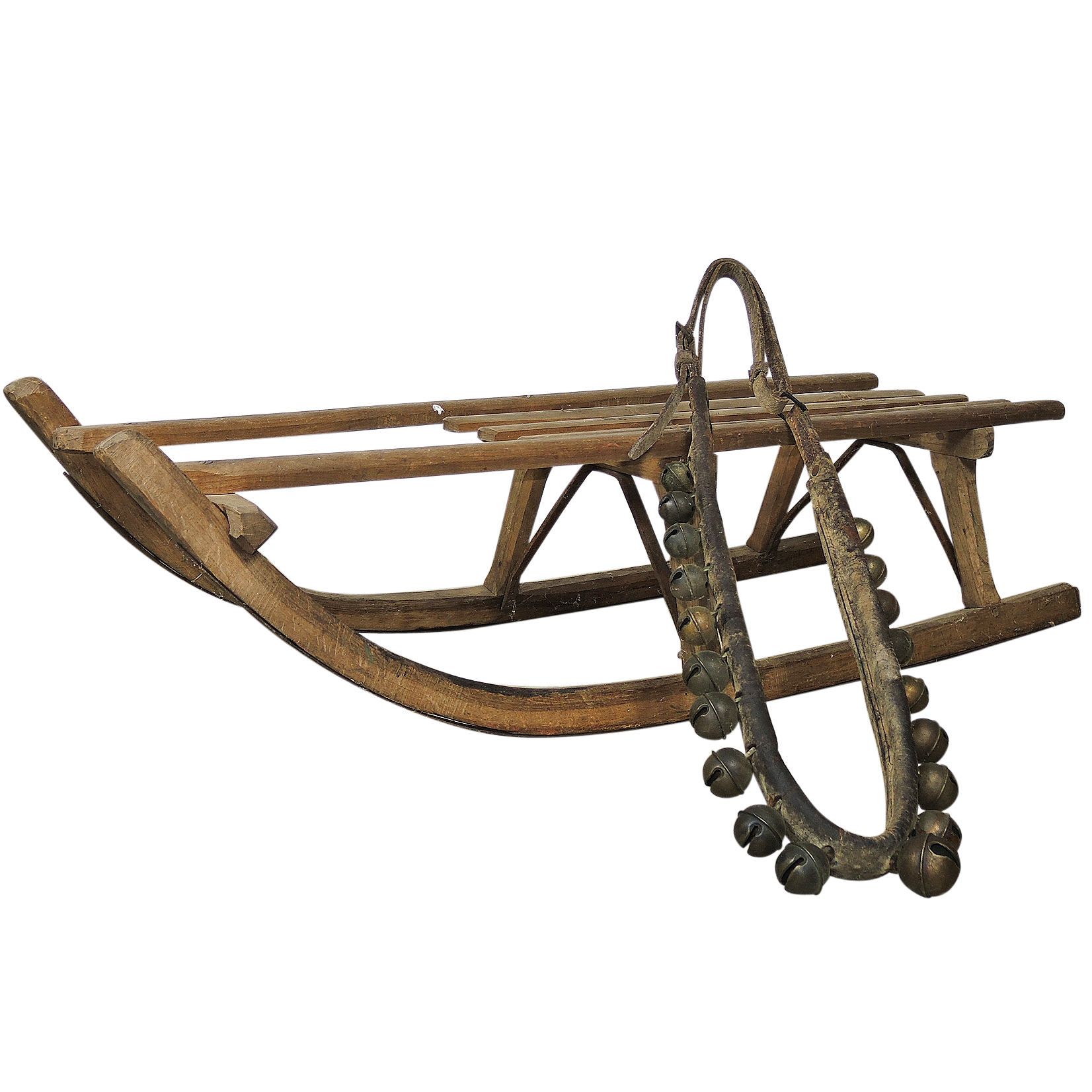 Primitive Wooden Sled And Sleigh Bells On Leather Strap Ebth