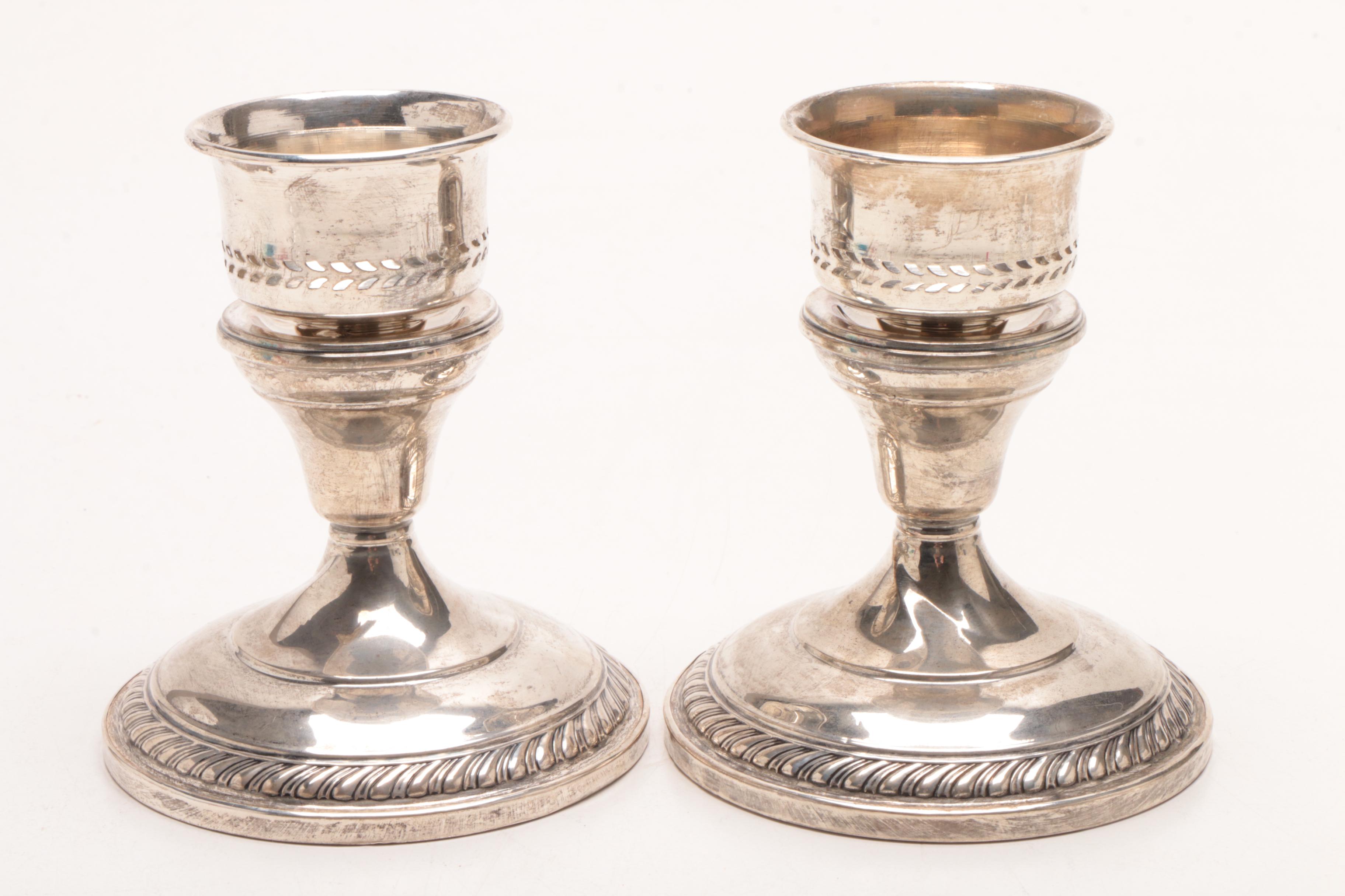 Hamilton Weighted Sterling Candle Holders and Pressed Glass Sugar and