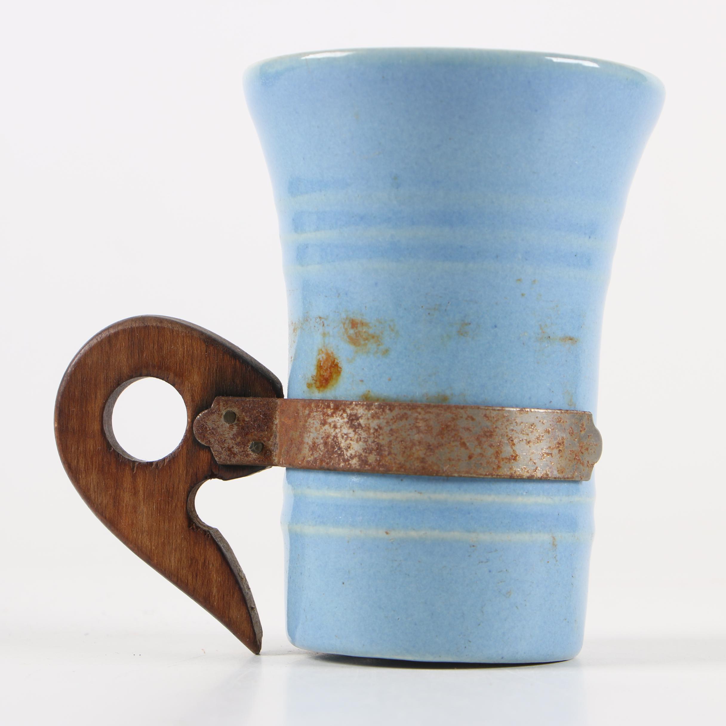 Ceramic Mugs with Wood and Metal Handles, Mid20th Century EBTH