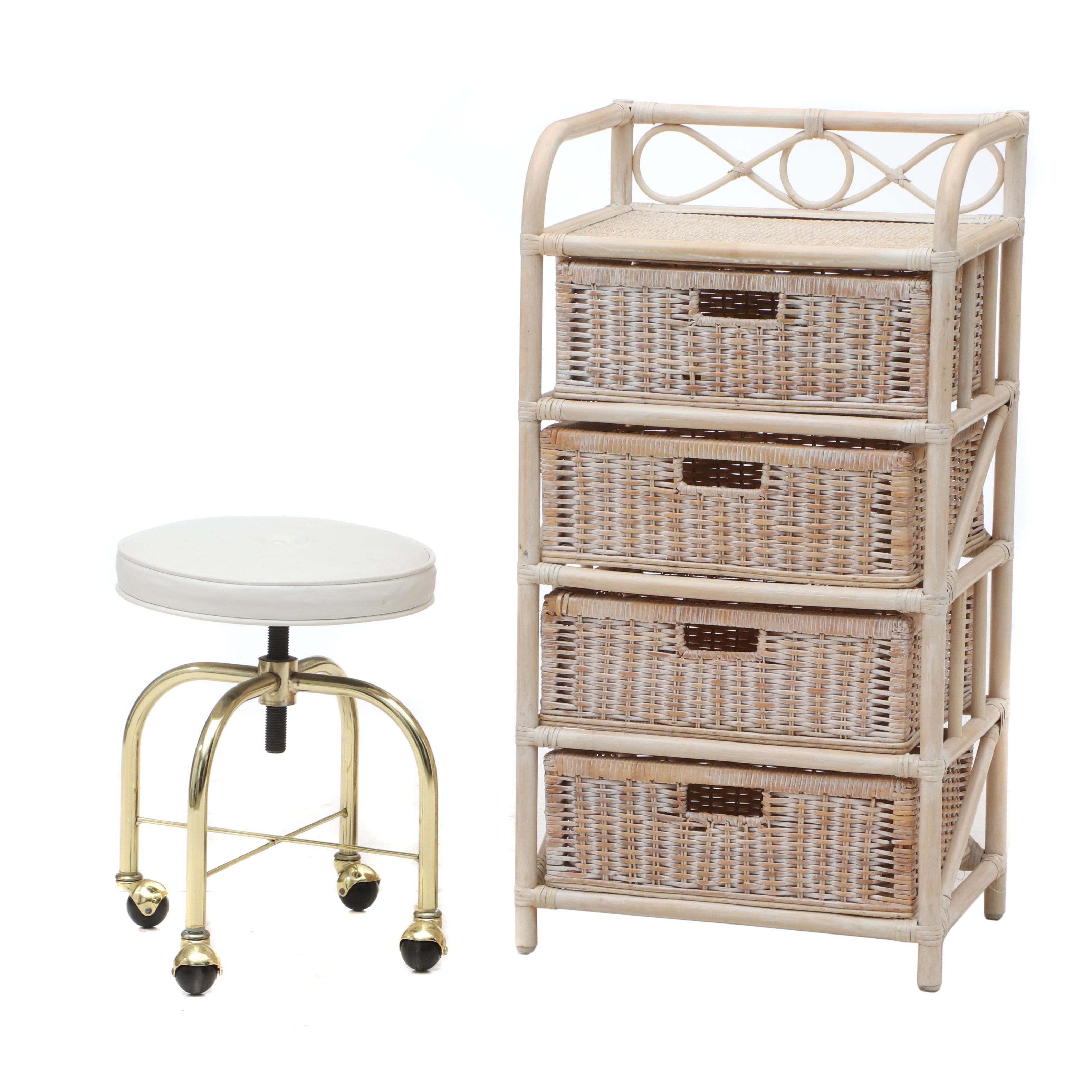 Contemporary Rattan And Bamboo Storage Chest And Vanity Stool Ebth