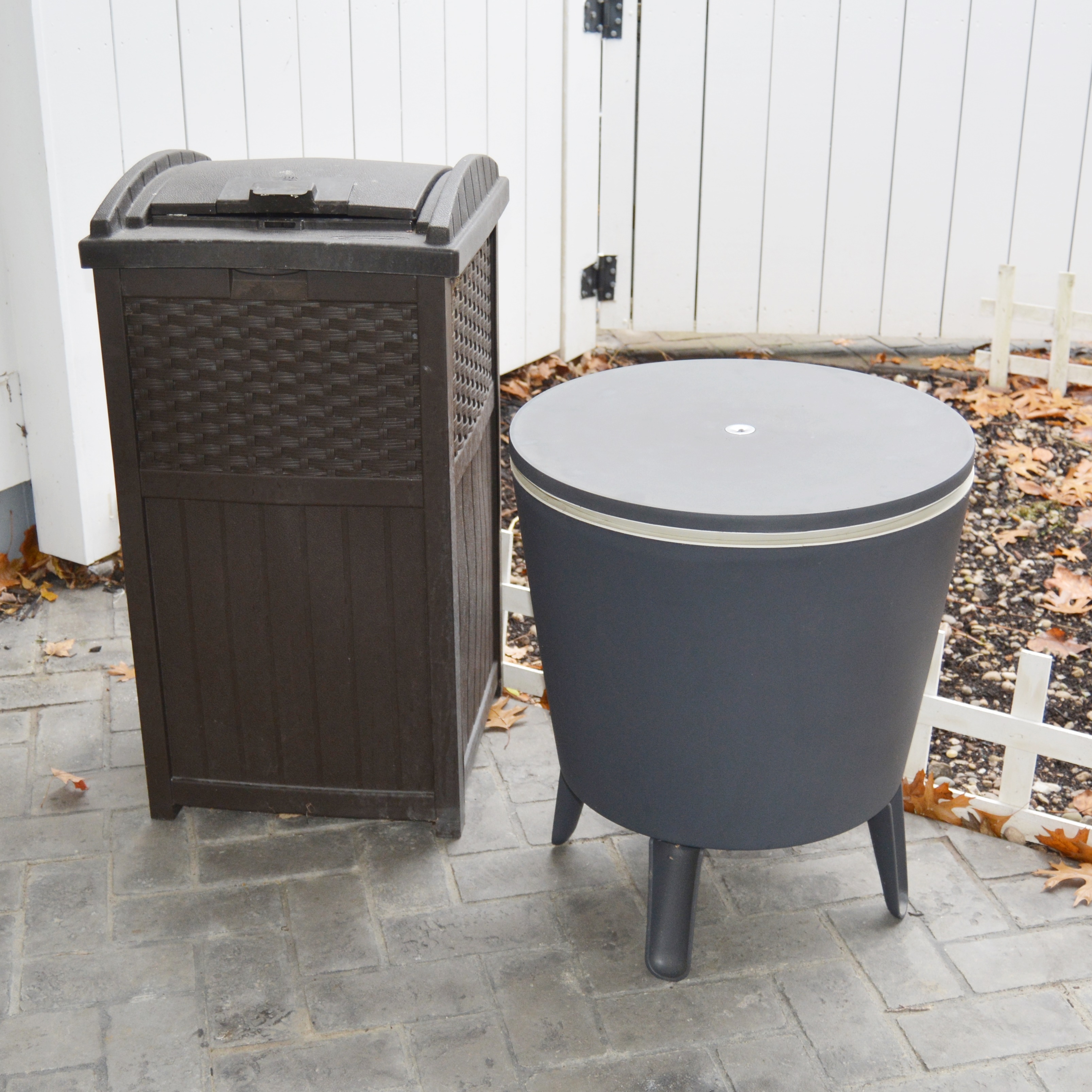 Patio D Vision Table Cooler And Suncast Outdoor Trash Can Ebth