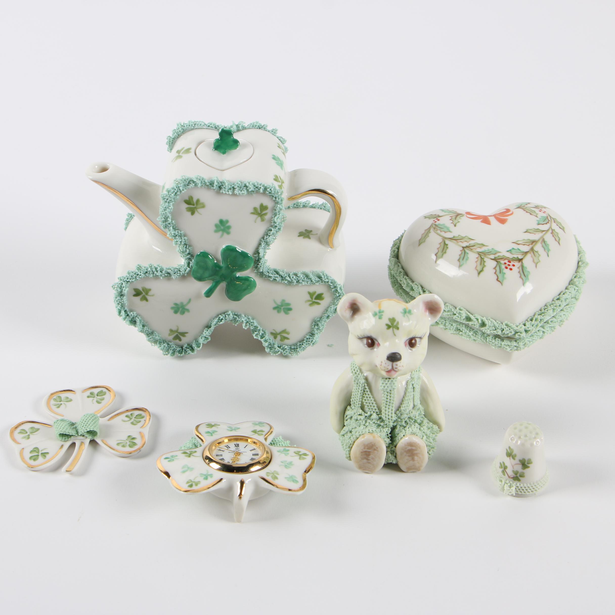 Irish Dresden Porcelain Teapot, Trinket Trays, and Figurine EBTH