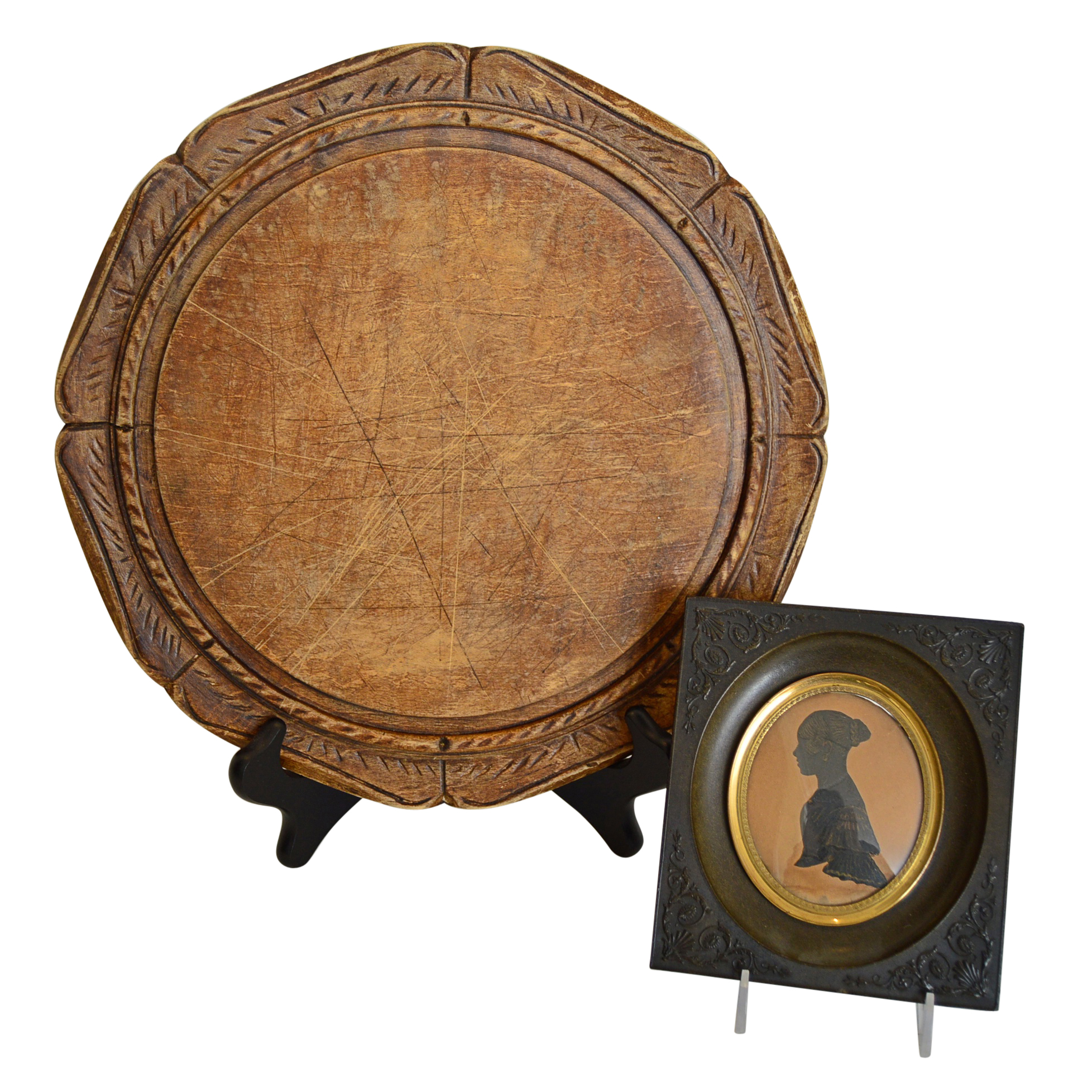 Antique Treenware Platter And Framed Ancestral Silhouette Ebth