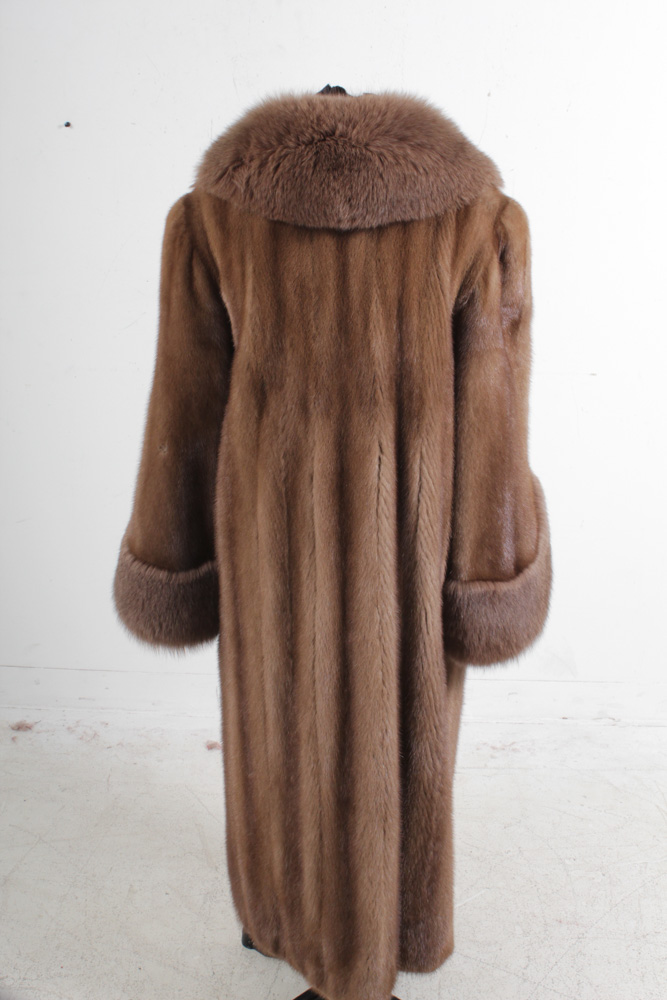Brown Mink Fur Coat With Fox Fur Collar and Cuffs EBTH