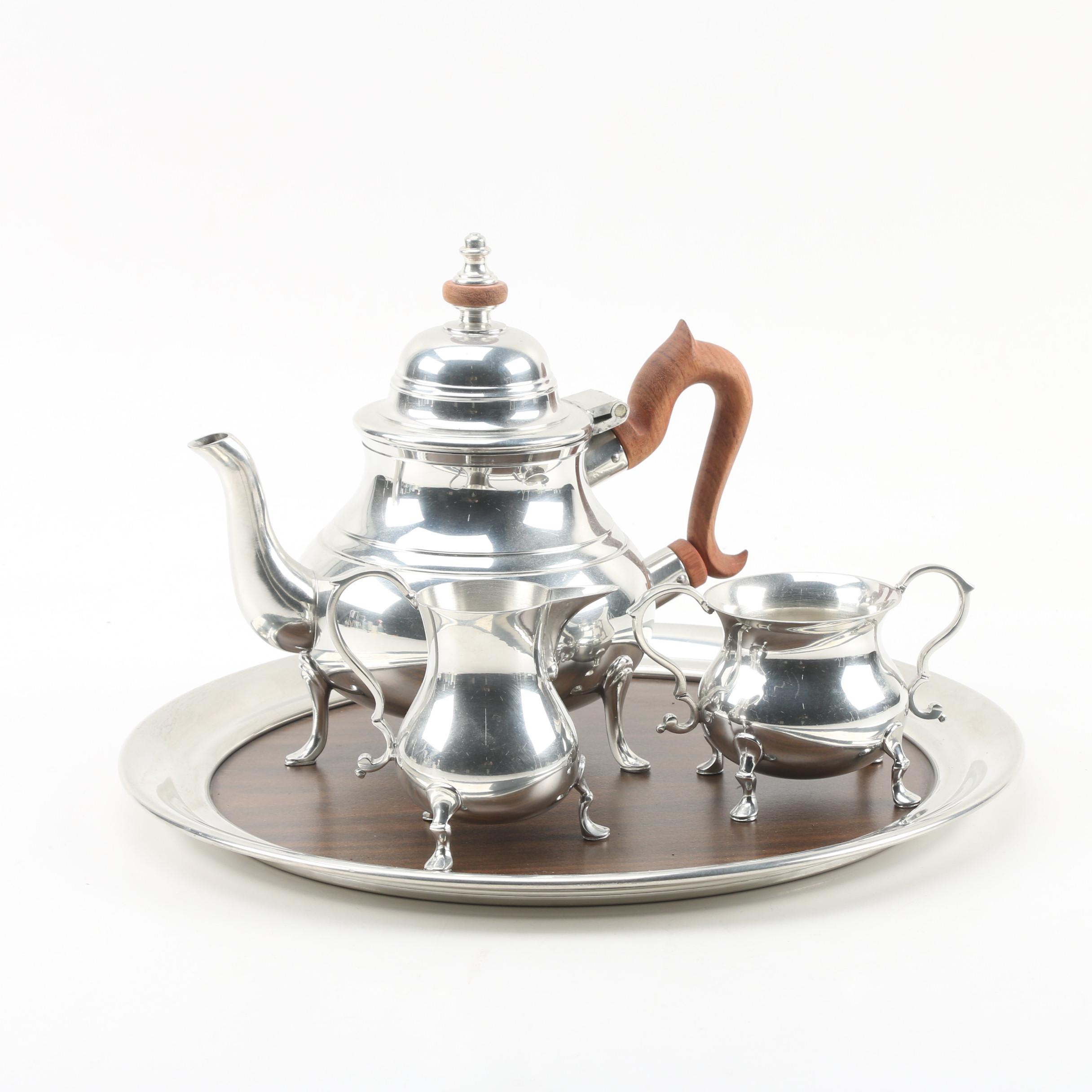 KirkStieff "Williamsburg" Pewter Tea Set with Tray, MidCentury EBTH