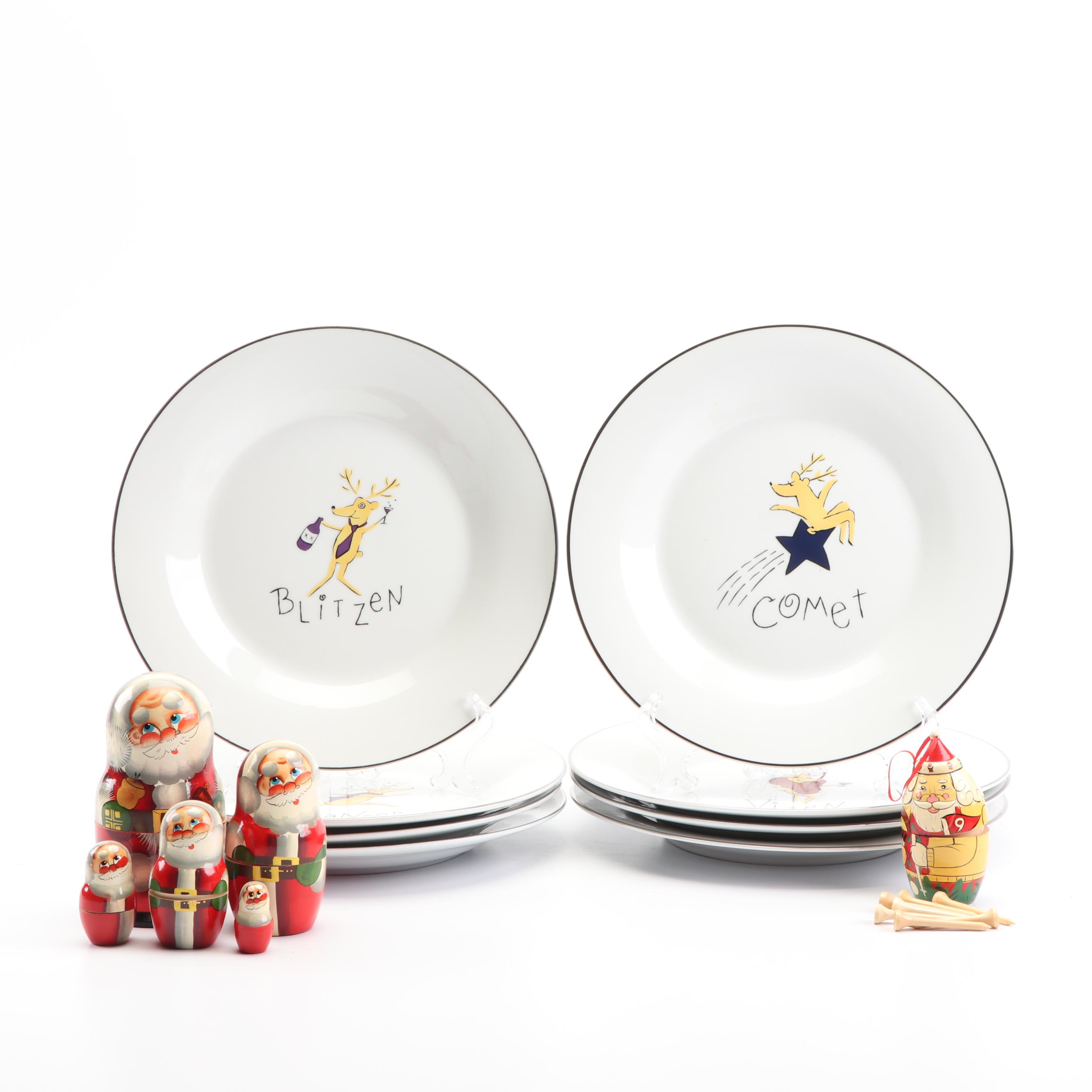 Pottery Barn Reindeer Plates Hand Painted Santa Nesting Boxes