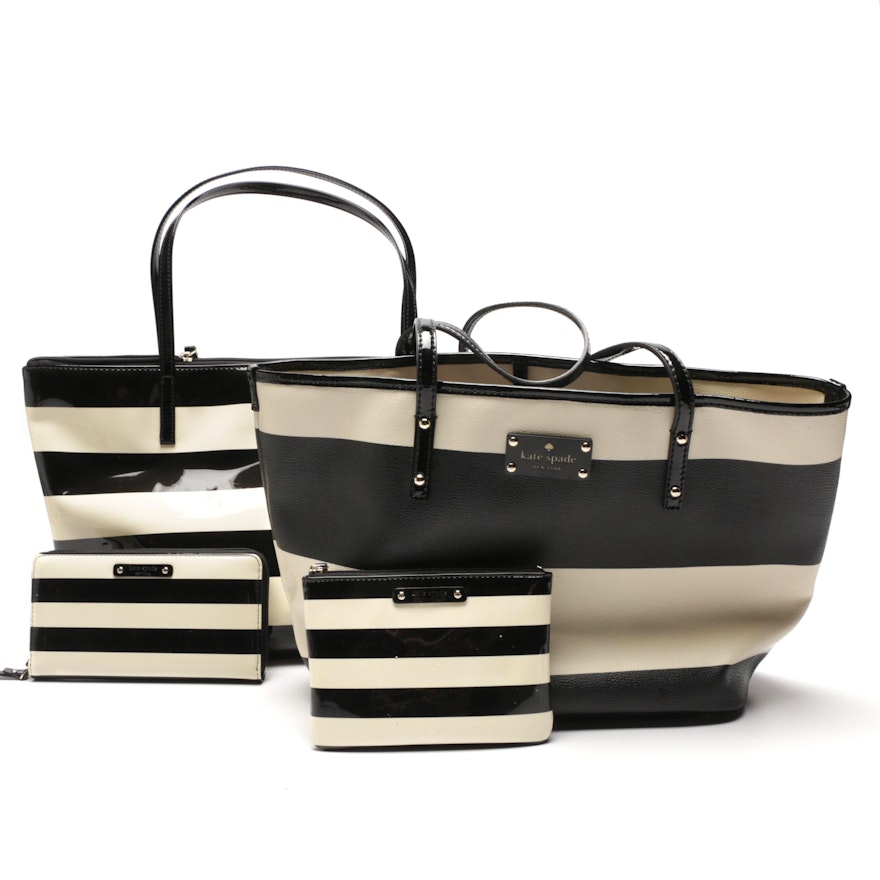 Two Kate Spade New York Black and White Striped Leather Totes | EBTH