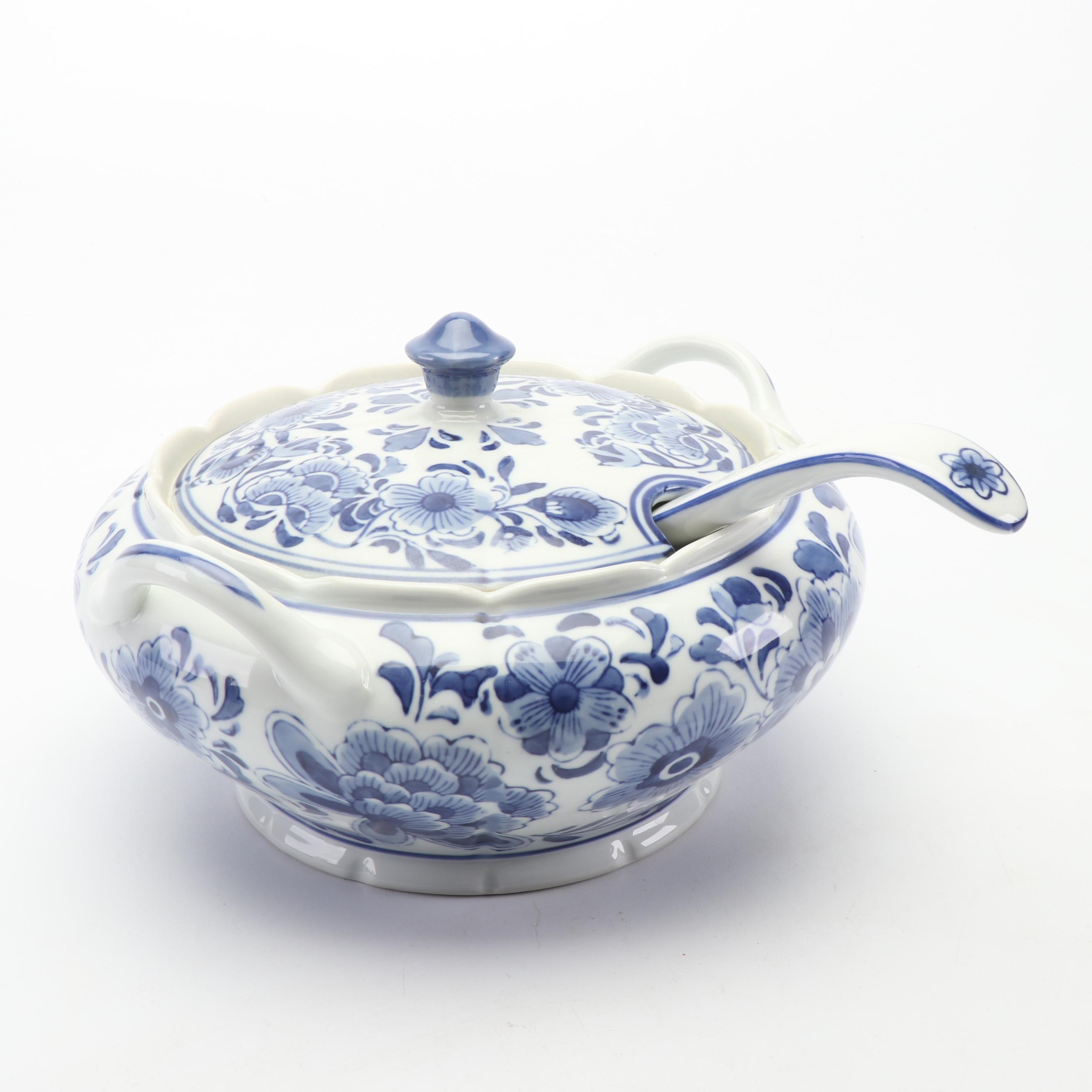 Blue and White Floral Soup Tureen with Ladle EBTH