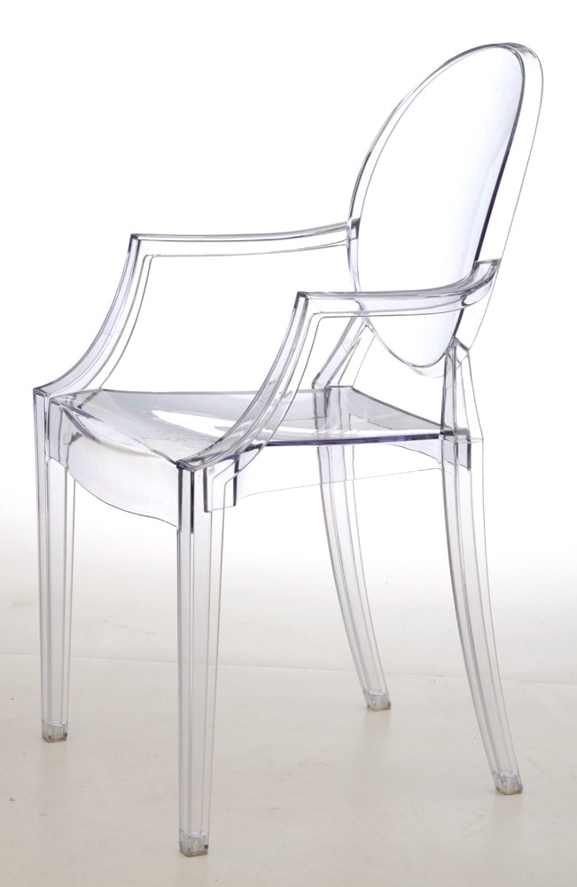 pair of poly and bark "burton" clear acrylic armchairs