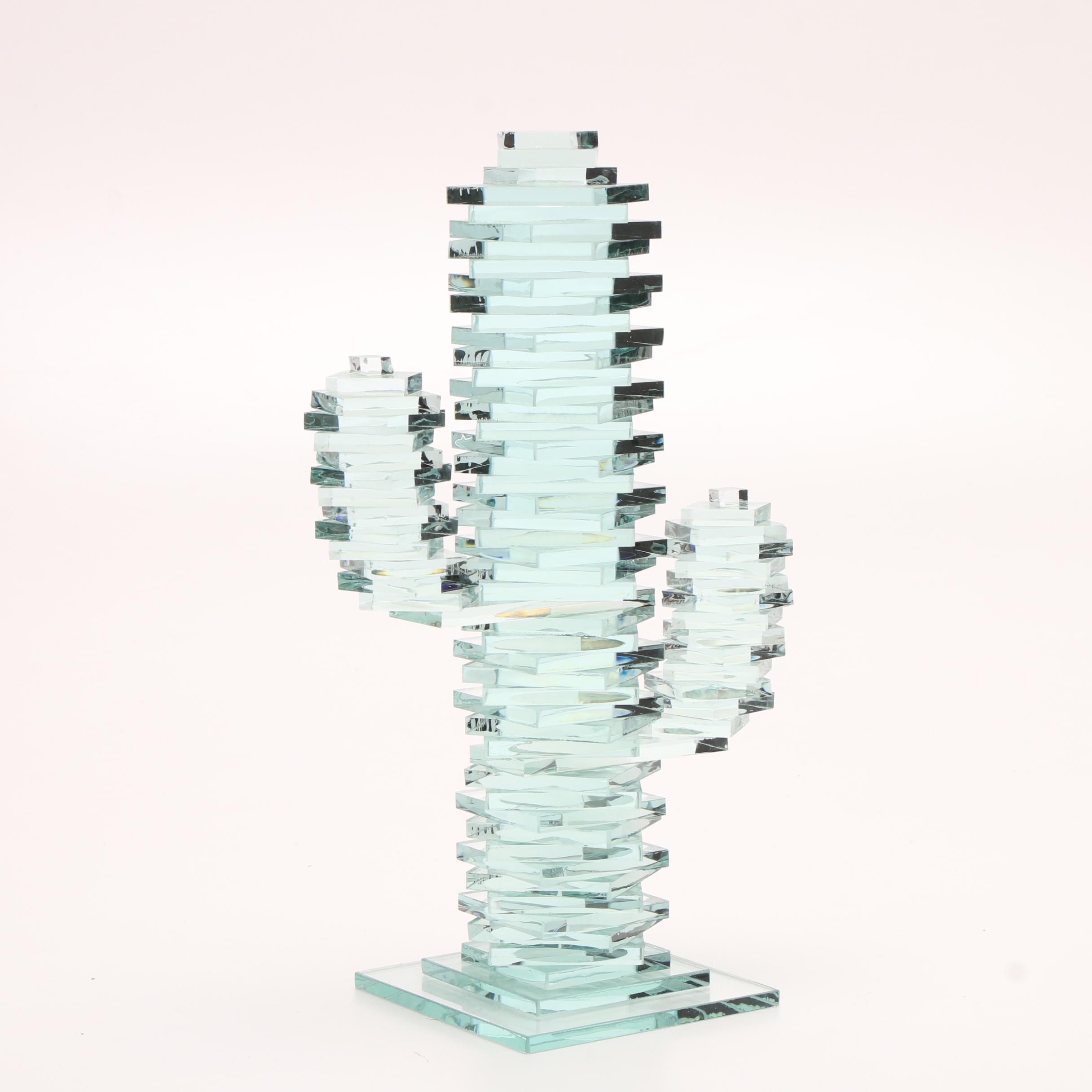 Stacked Aqua Glass Sculpture of Saguaro Cactus EBTH