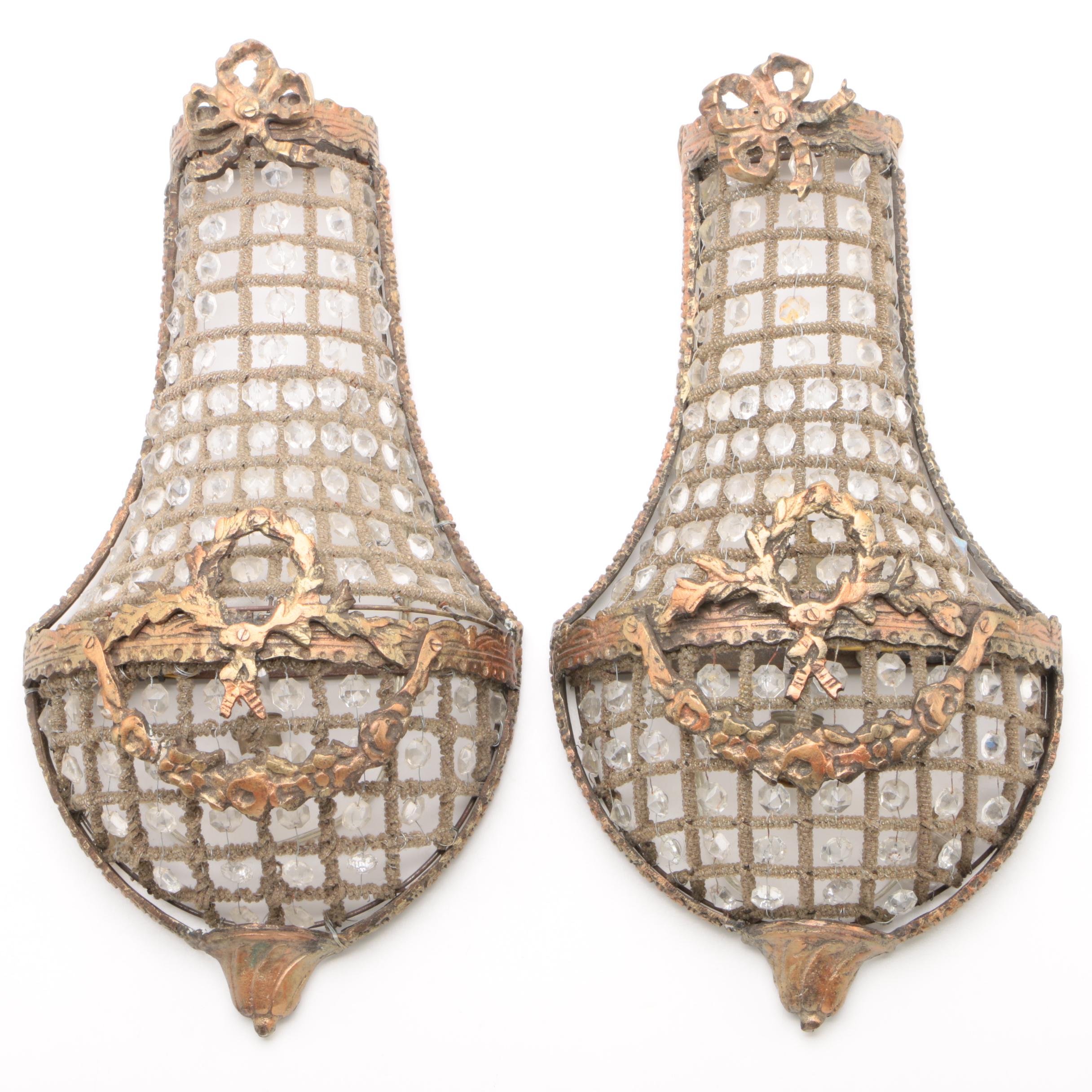 French Empire Style Beaded Basket Wall Sconces with Garland Accents, MidCentury EBTH