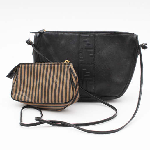 Fendi Black Pebbled Leather Crossbody Bag and Coated Canvas Pouch EBTH