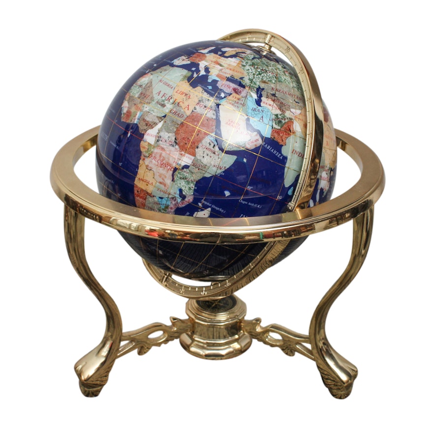 Inlaid Gemstone Desk Globe With Brass Stand Ebth Inlaid Gemstone Desk Globe With Brass