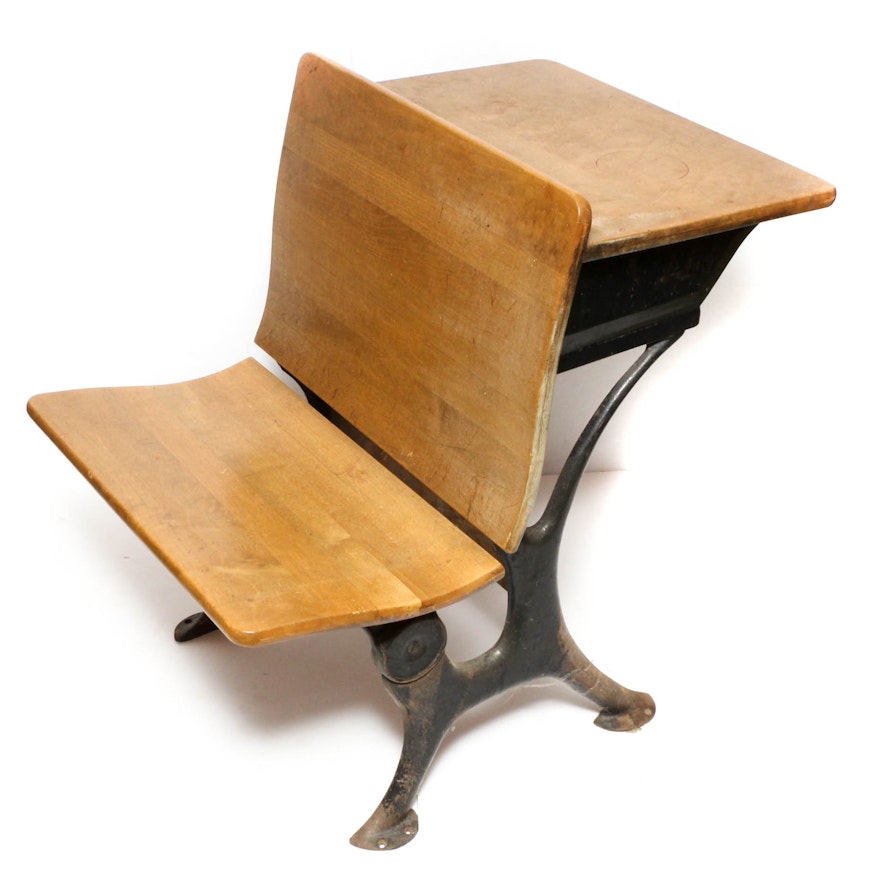 Antique Metal And Wood School Desk