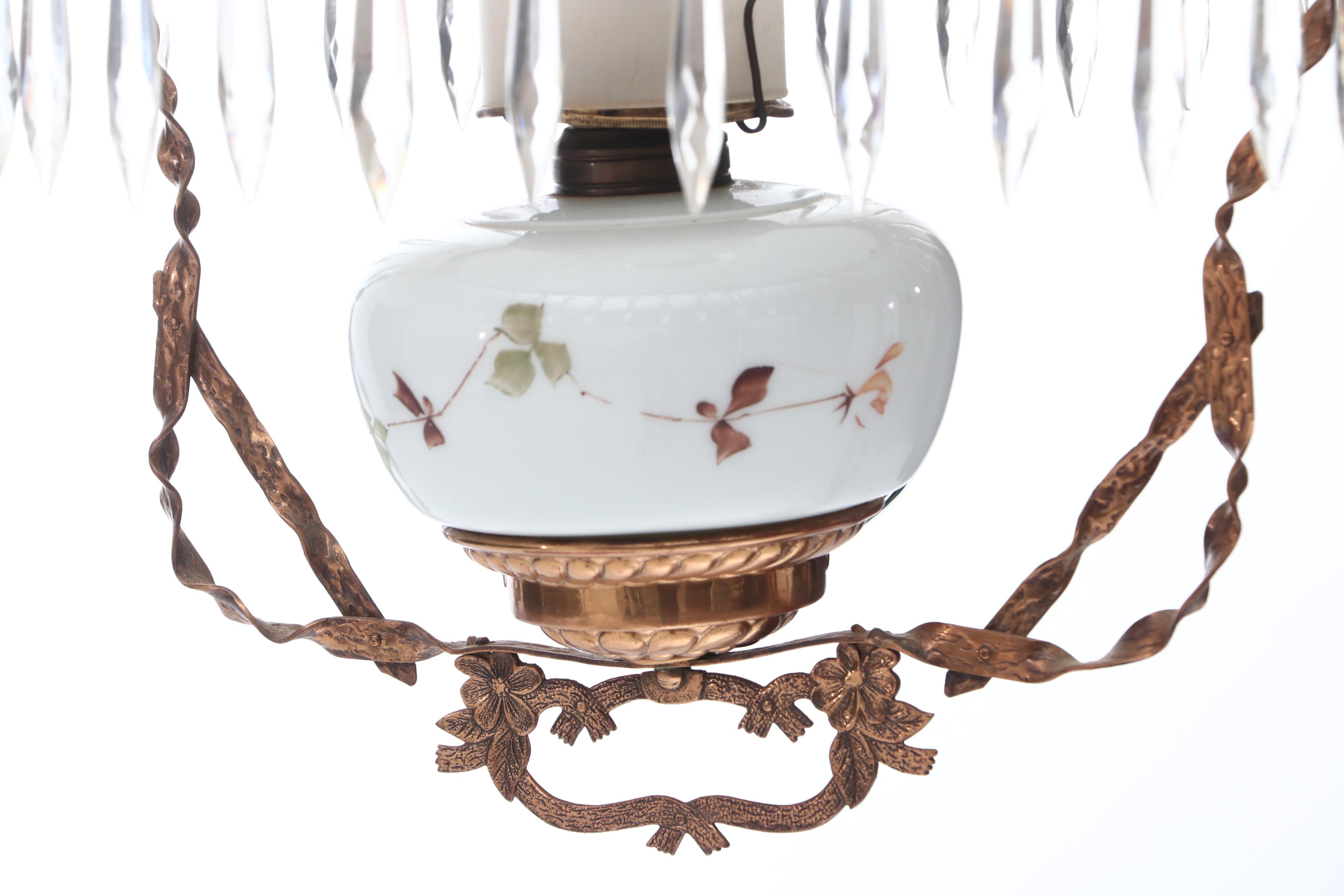 Converted HandPainted Hanging Oil Lamp Chandelier, Early 20th Century