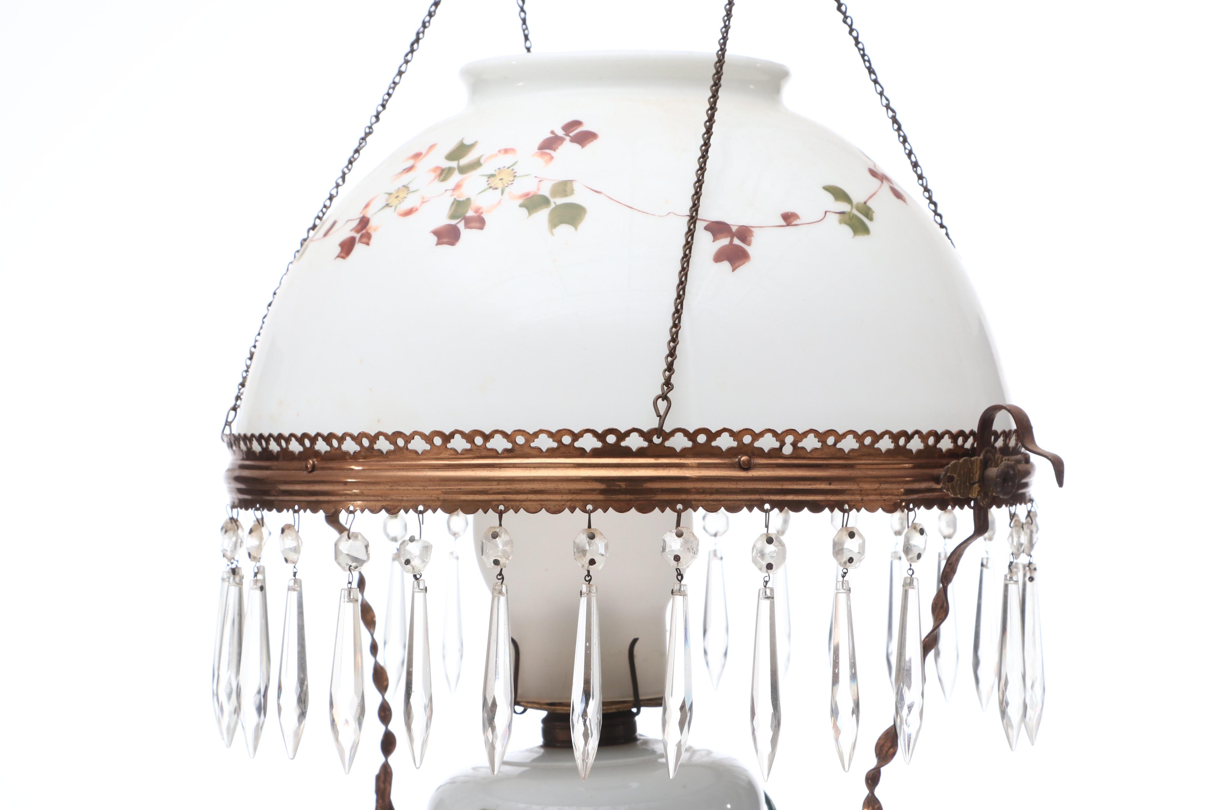 Converted HandPainted Hanging Oil Lamp Chandelier, Early 20th Century