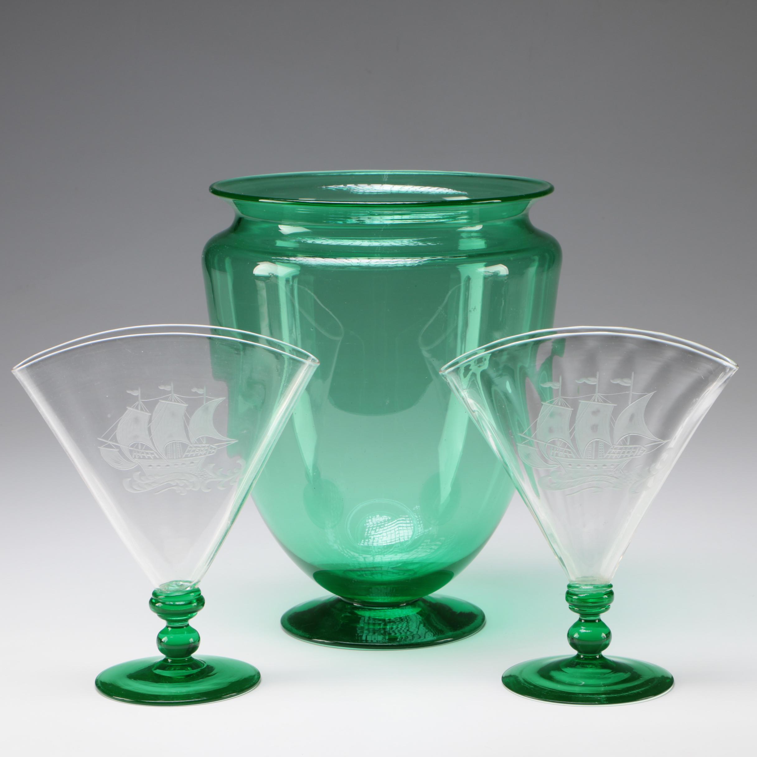 Steuben "Spanish Galleon" Art Glass Fan Vases and Large Vase in Pomona