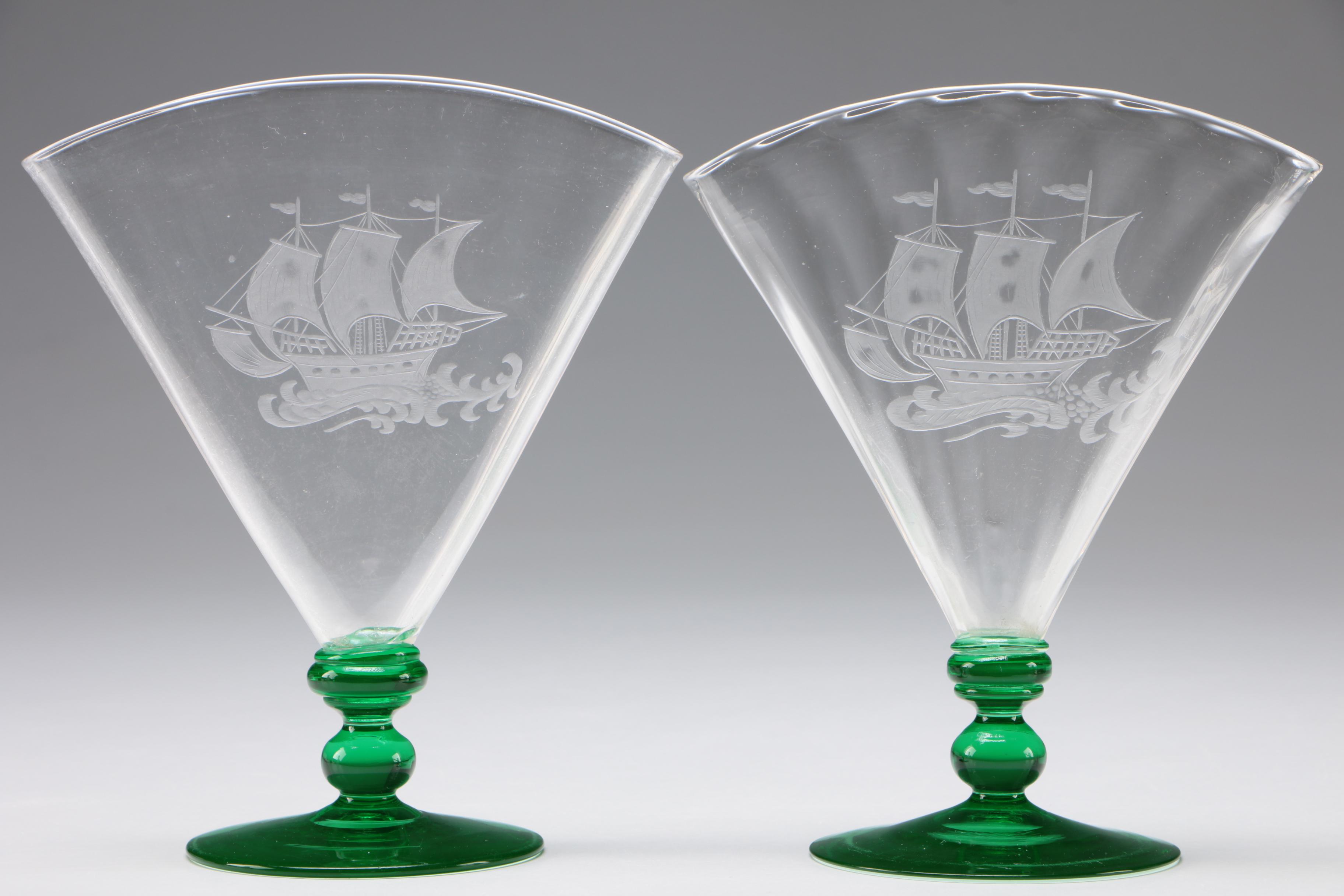 Steuben "Spanish Galleon" Art Glass Fan Vases and Large Vase in Pomona