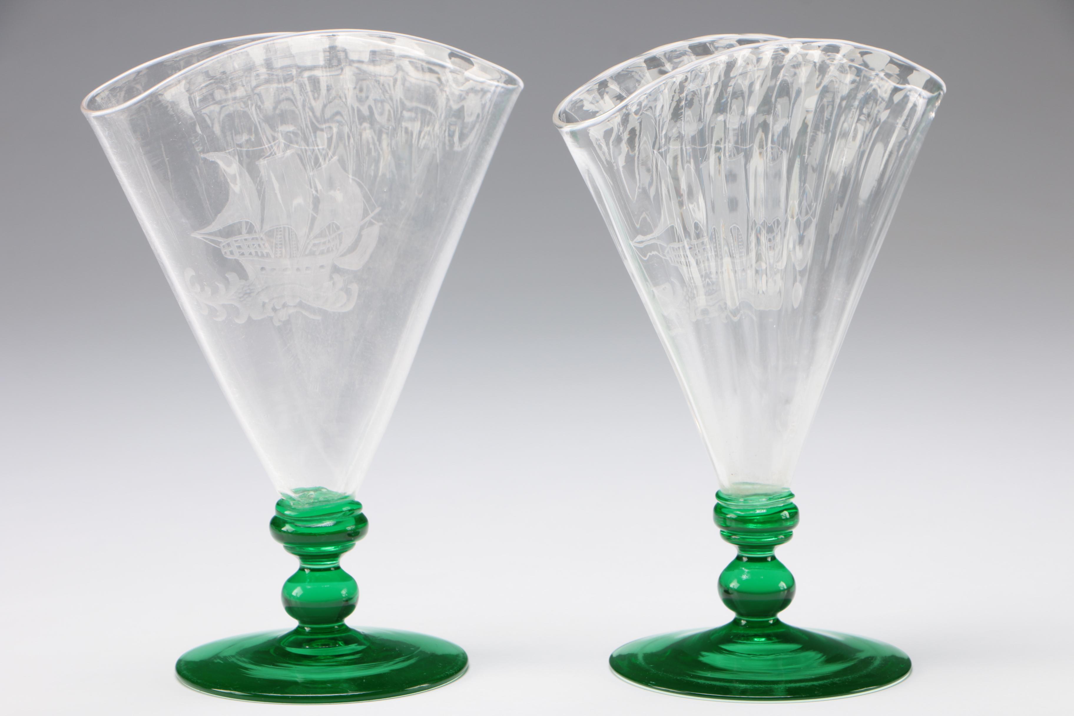Steuben "Spanish Galleon" Art Glass Fan Vases and Large Vase in Pomona