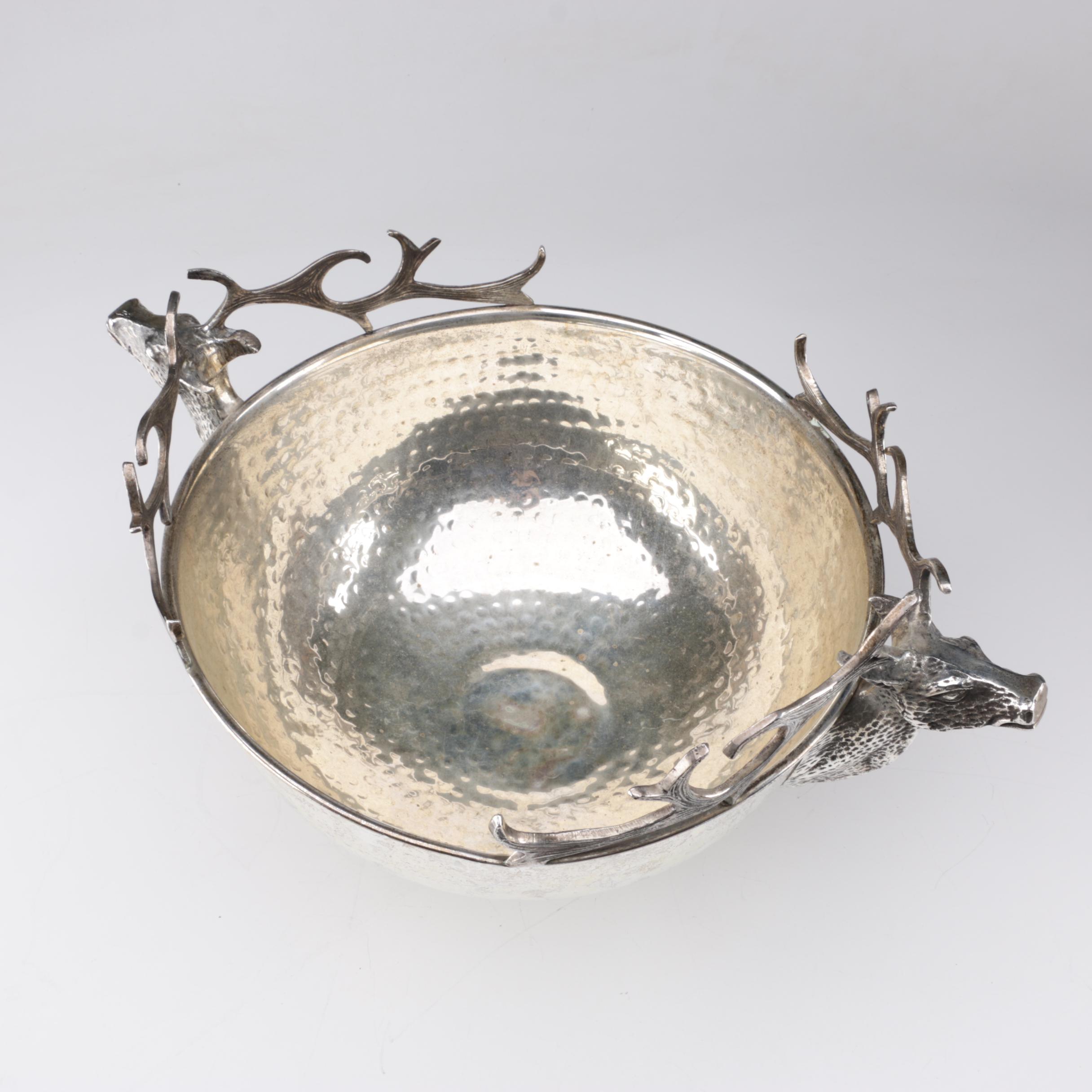 Hammered Silver Plate Centerpiece Bowl with Figural Stag's Head Handles EBTH