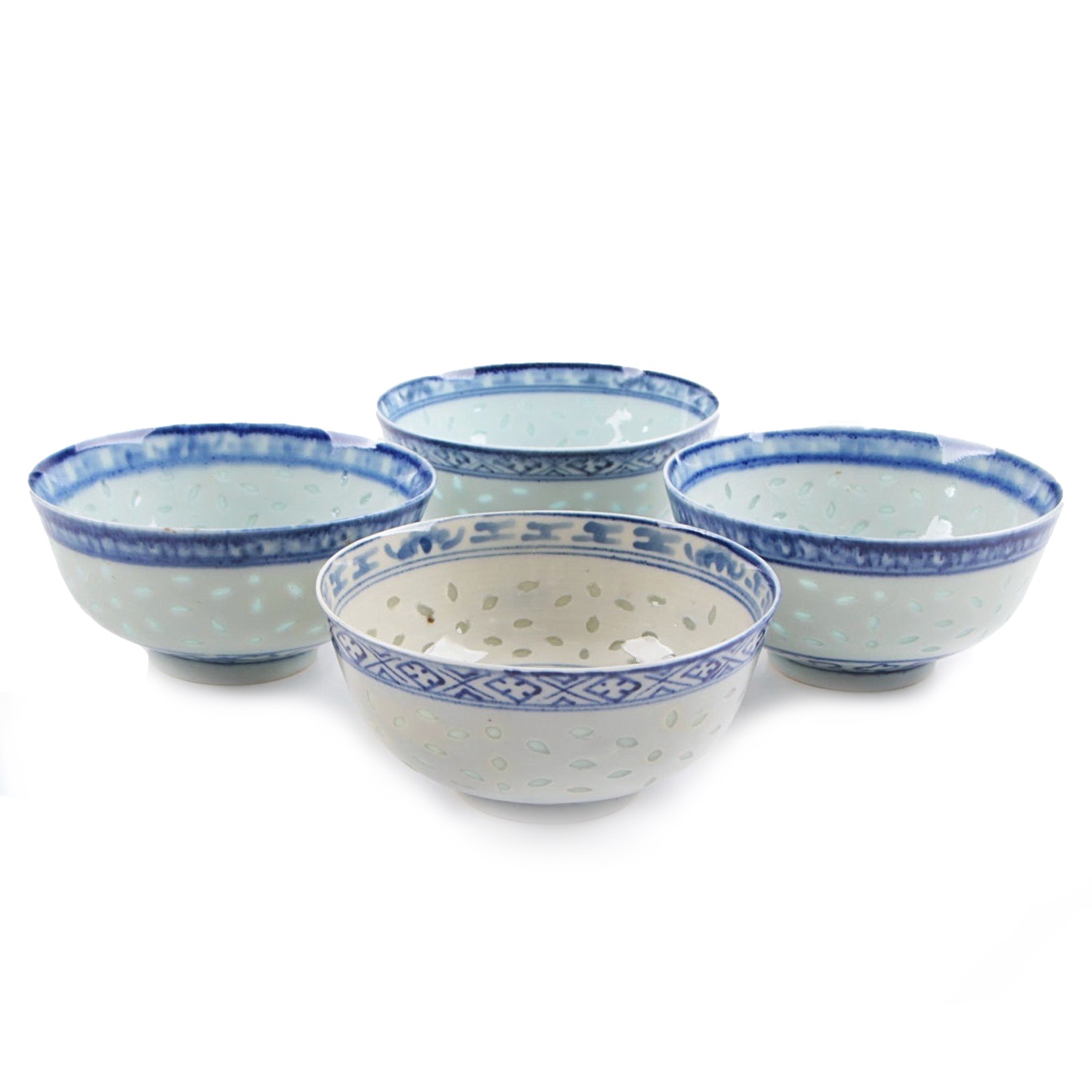 Four Chinese Blue and White Porcelain Rice Pattern Bowls EBTH