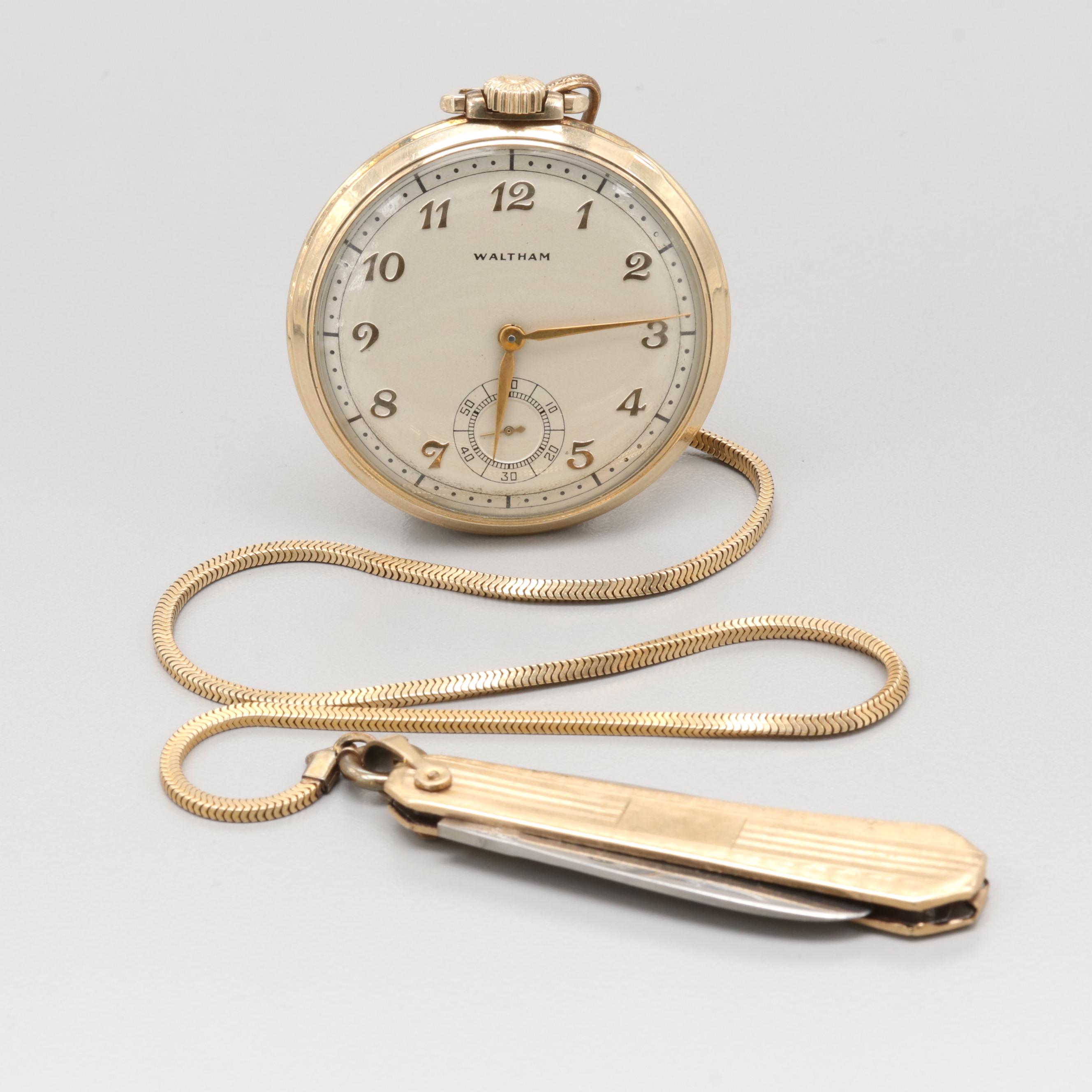 Waltham 10K Gold Filled Pocket Watch With Pocket Knife Fob Chain, 1944