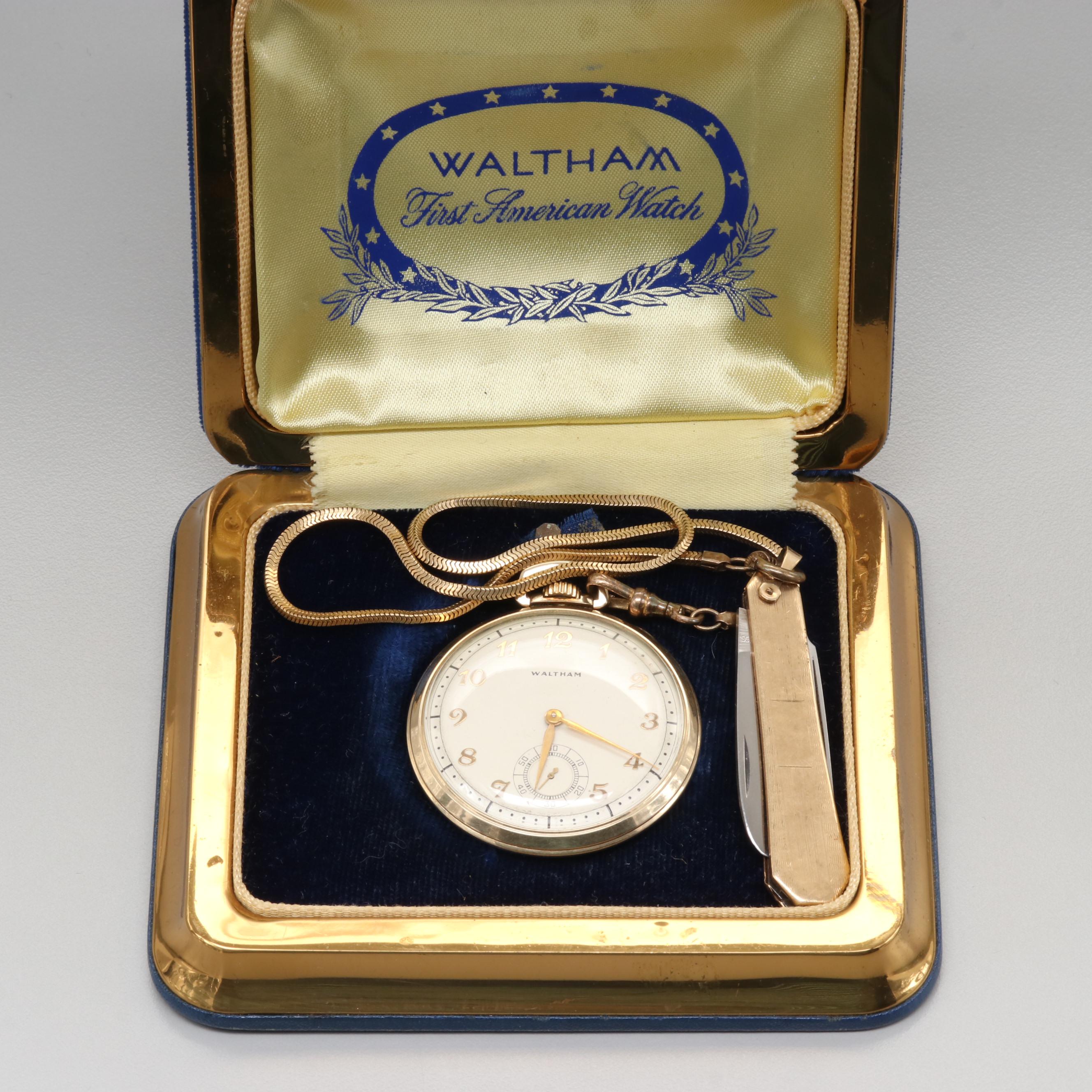 Waltham 10K Gold Filled Pocket Watch With Pocket Knife Fob Chain, 1944