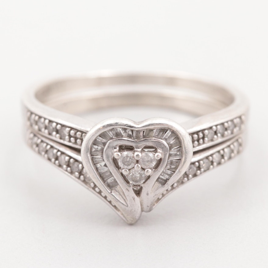 Sterling Silver Diamond Heart Ring Set