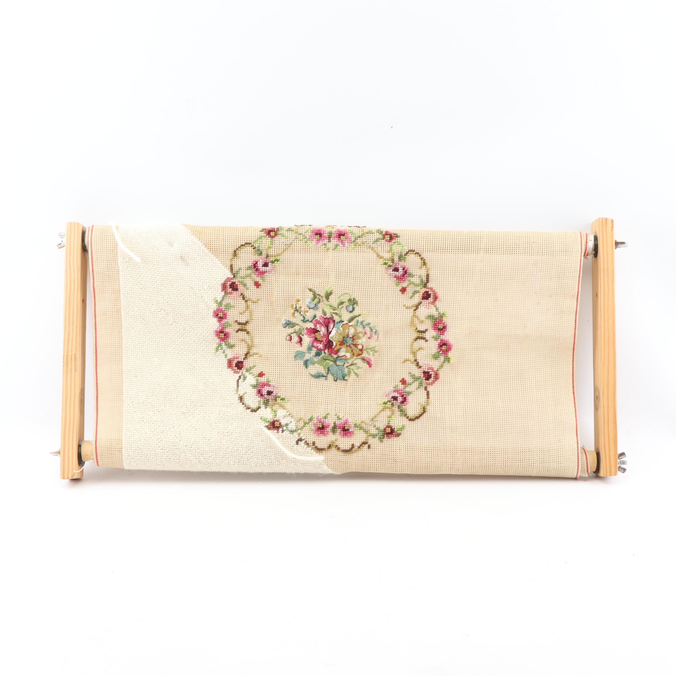 Unfinished Floral Needlepoint on Needlework Scroll Frame EBTH