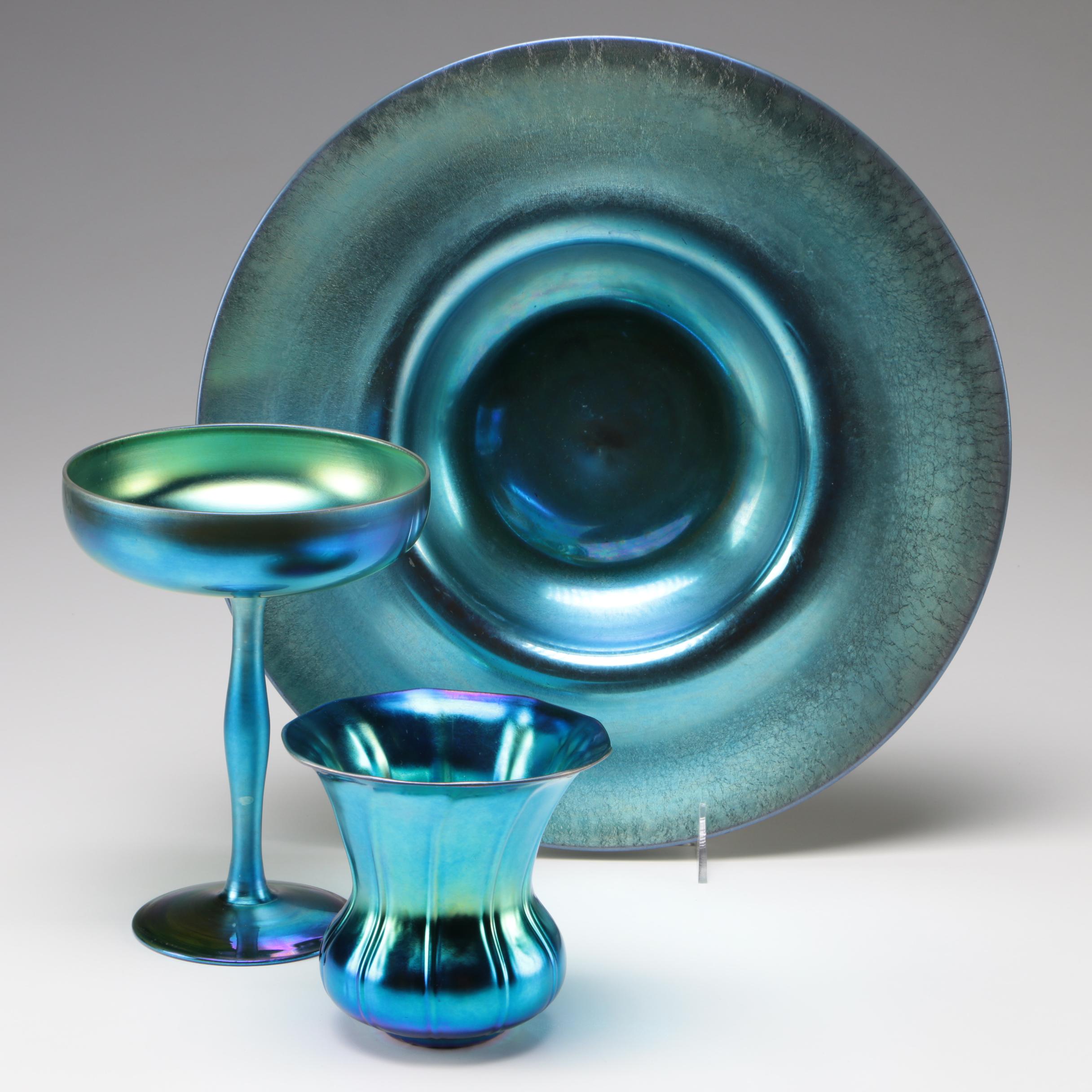 Steuben Blue Aurene Art Glass Compote Pan And Vase Early 20th