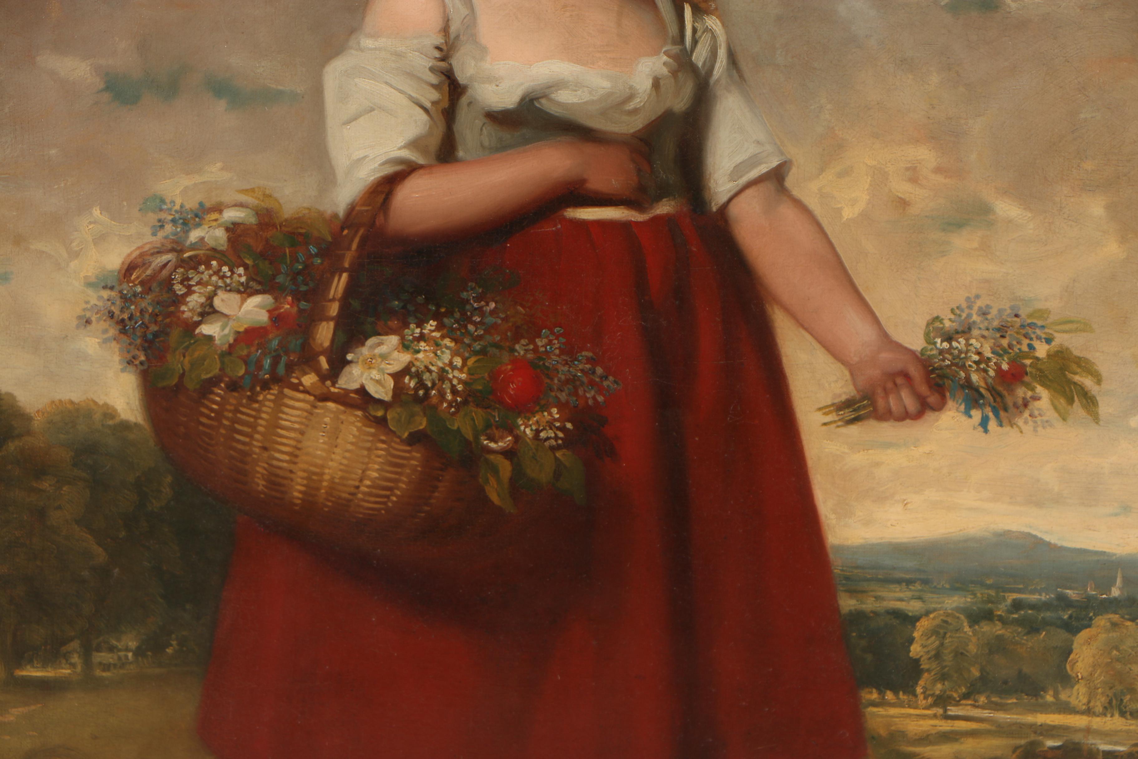 Early 19th Century English School Oil Painting "Girl With Flower Basket