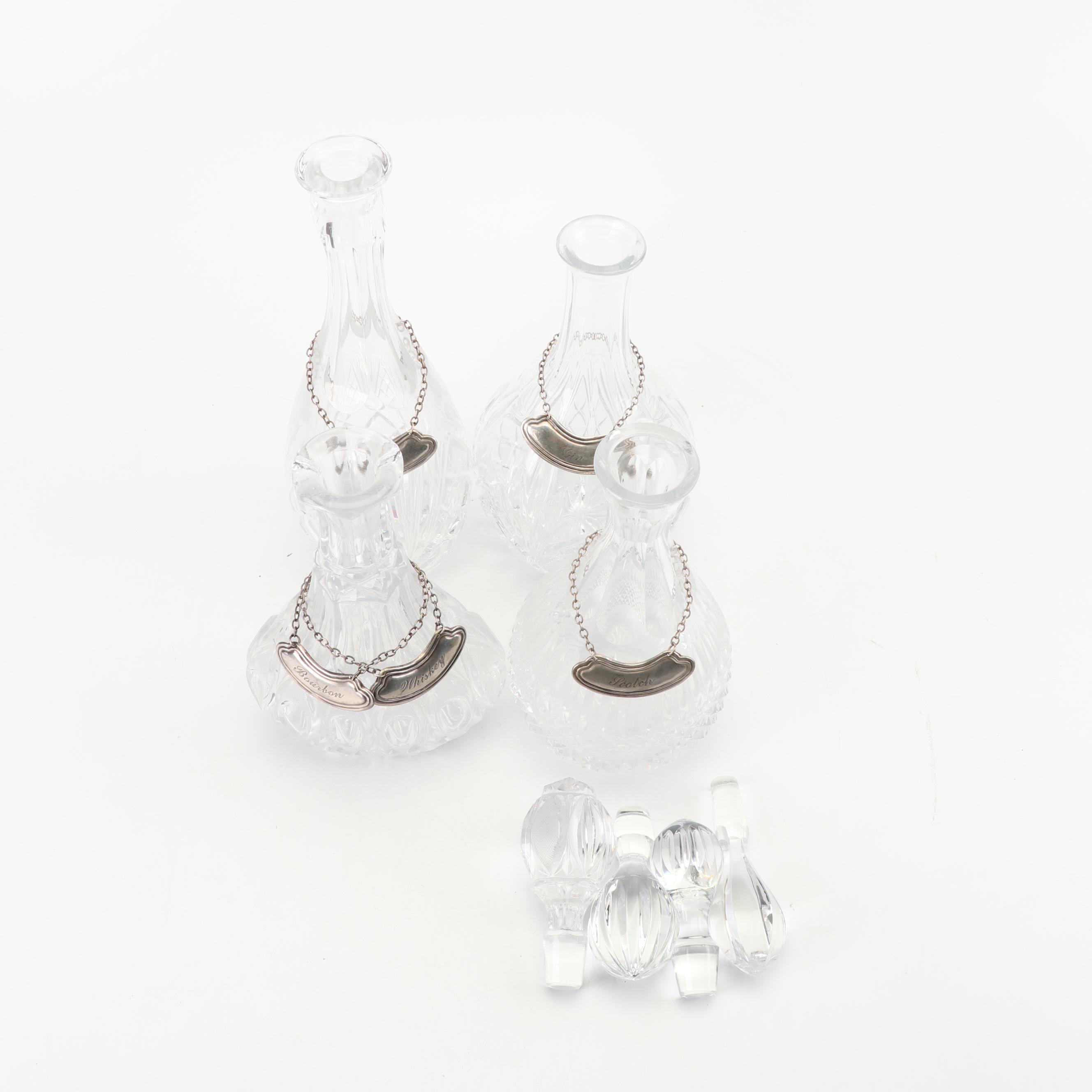 Cut Glass Liquor Decanters with SilverToned Decanter Labels and Tray