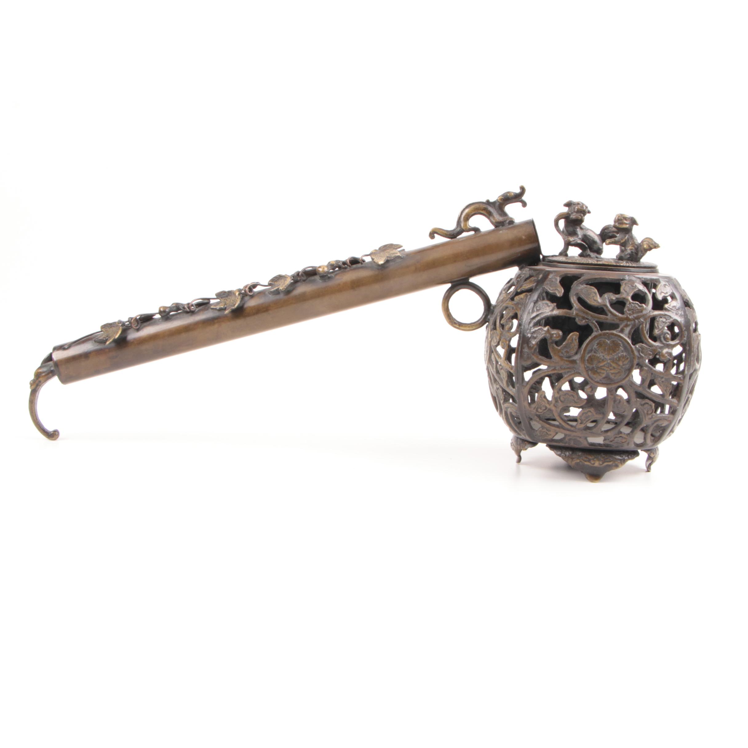 Japanese Reticulated Bronze Yatate Inkwell and Brush Holder, 19th