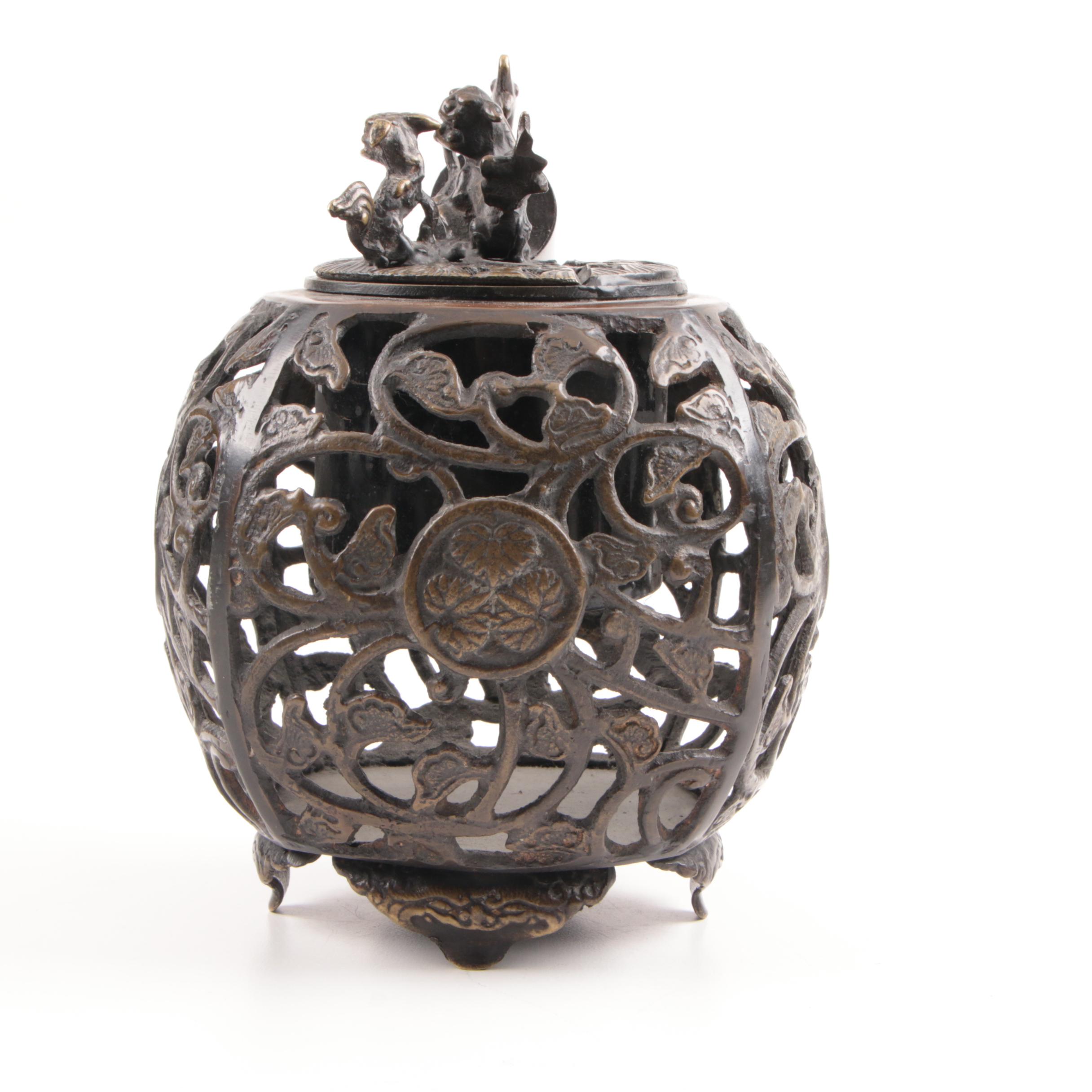 Japanese Reticulated Bronze Yatate Inkwell and Brush Holder, 19th