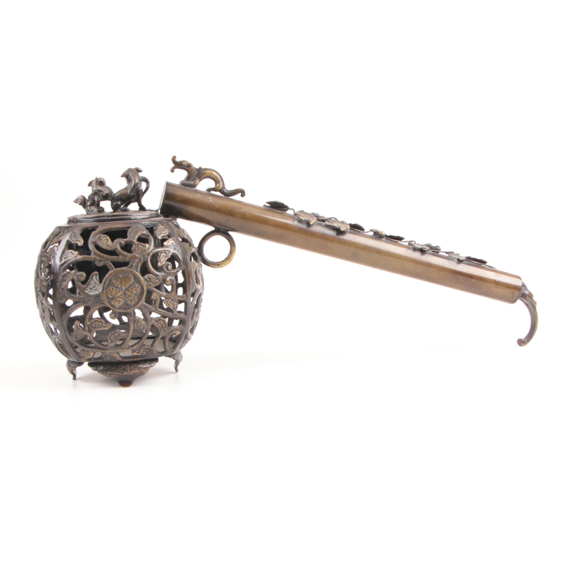 Japanese Reticulated Bronze Yatate Inkwell and Brush Holder, 19th