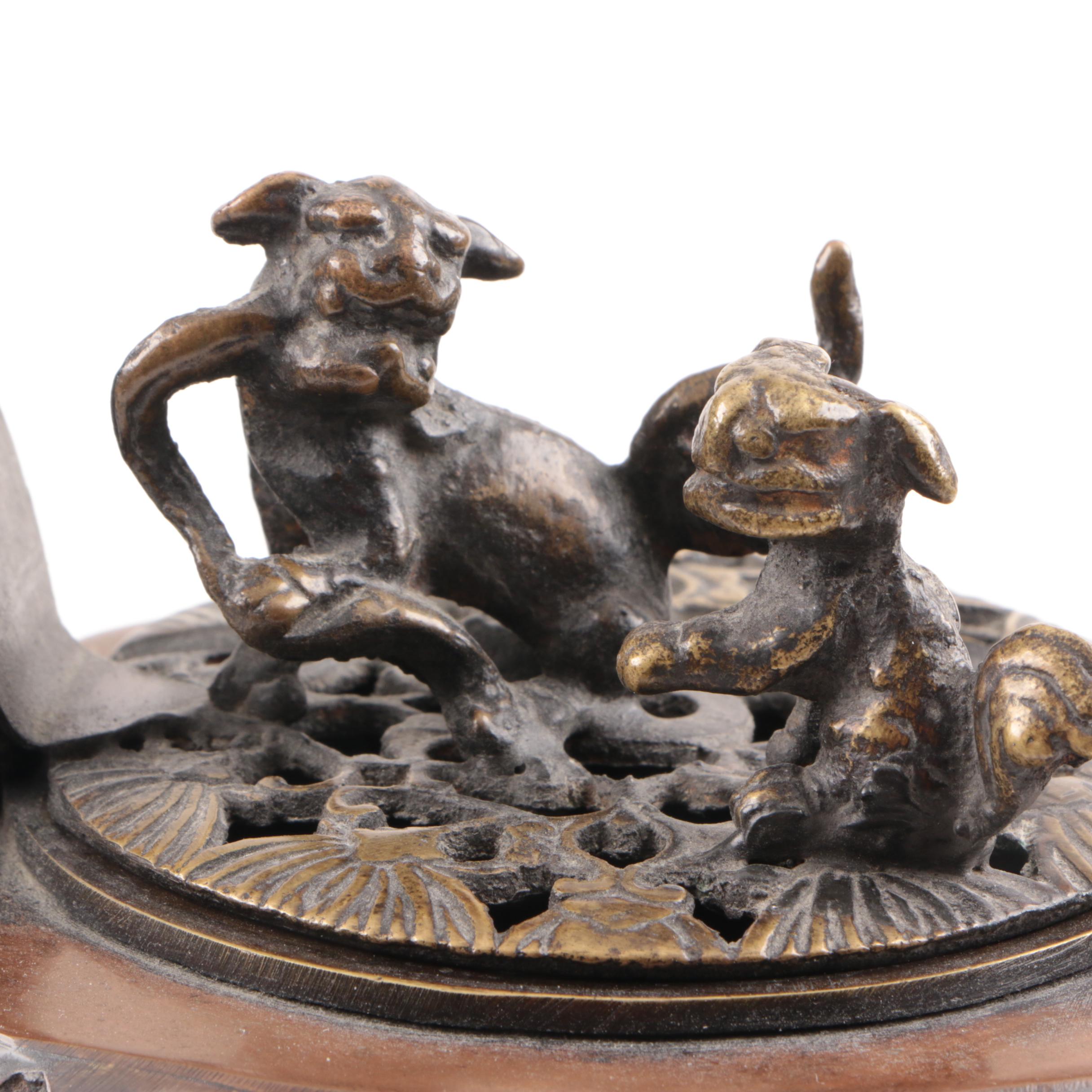 Japanese Reticulated Bronze Yatate Inkwell and Brush Holder, 19th