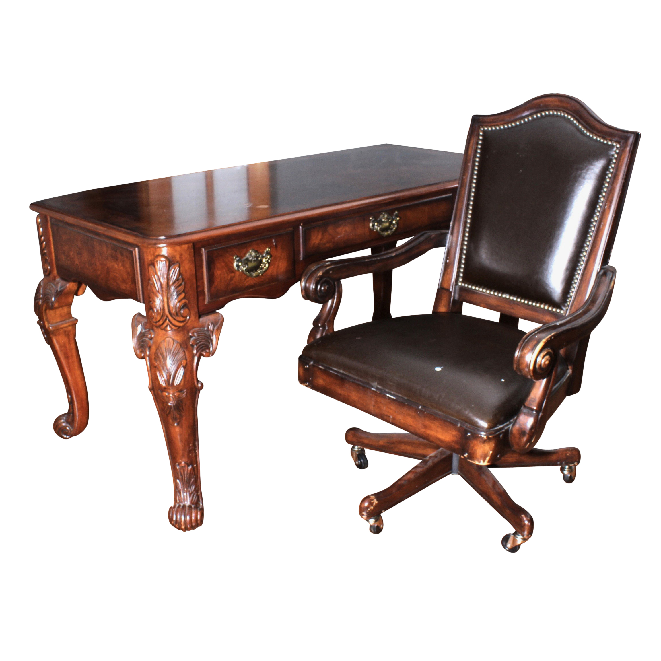 Chippendale Style Desk With Office Chair On Casters By Broyhill 21st Century Ebth