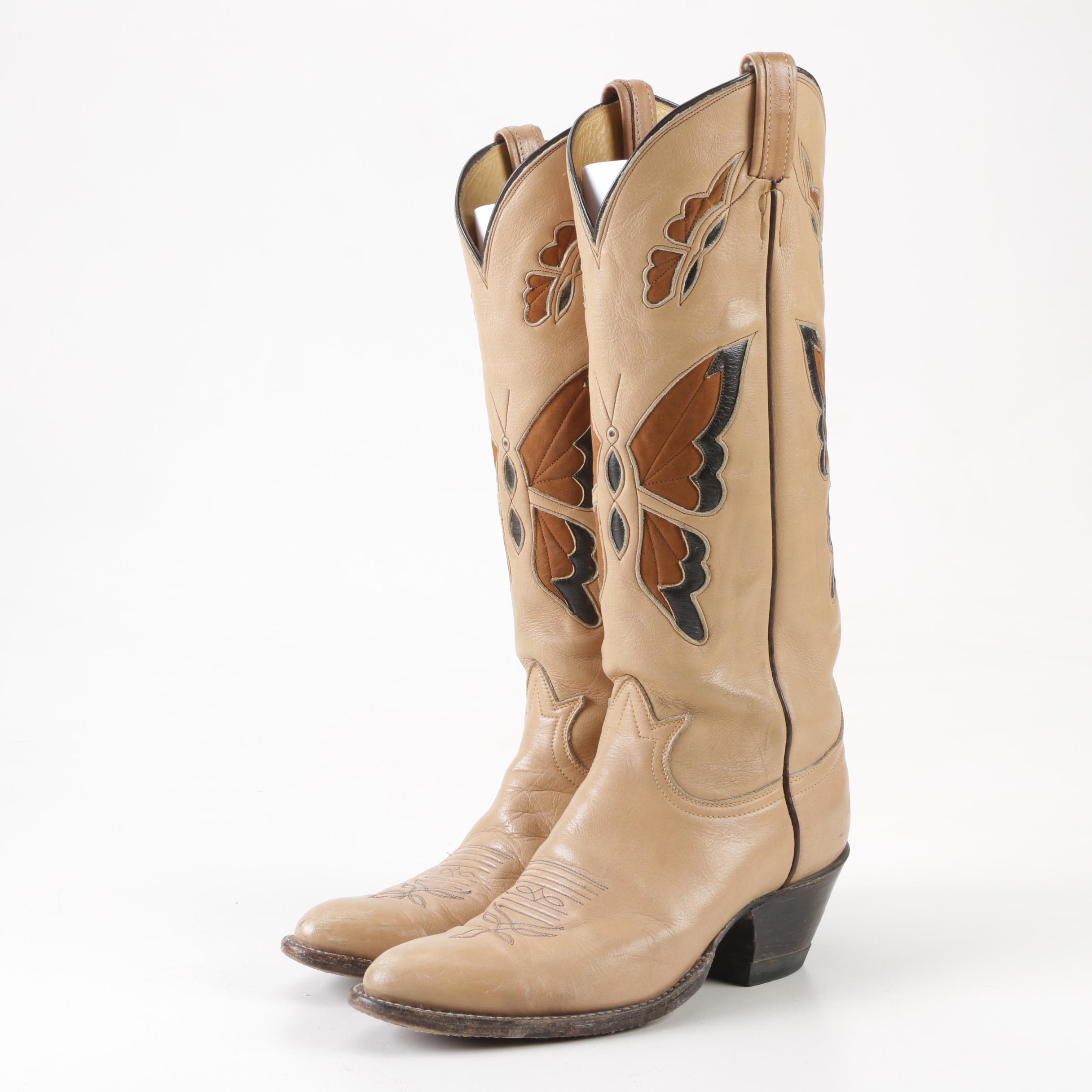 Tony Lama Beige Leather Western Boots with Butterfly Shaped Inlays