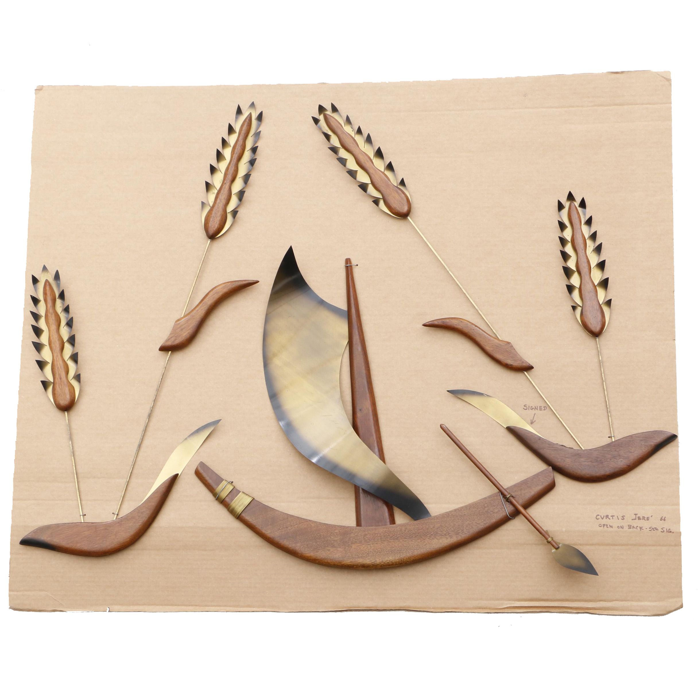 1966 Signed Curtis Jeré Artisan House Wall Sculpture Set in Walnut and