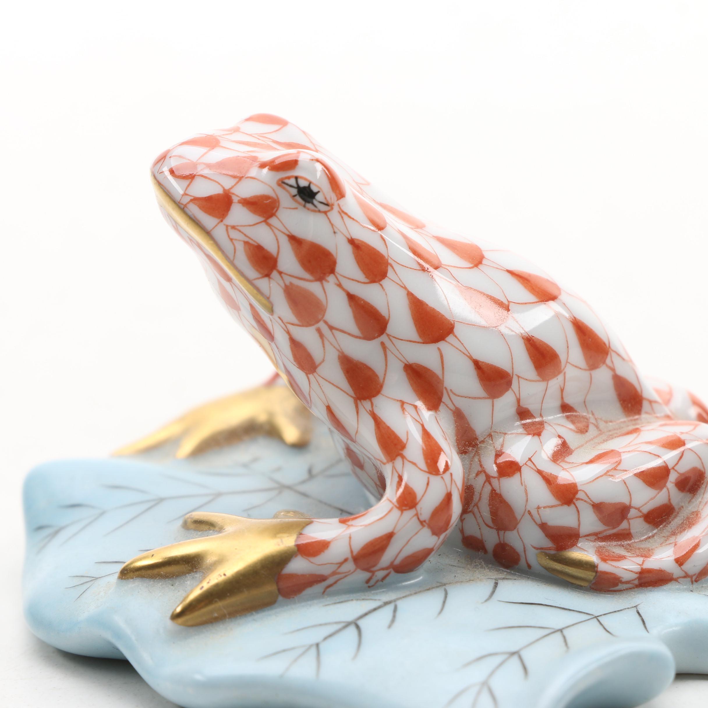 Herend Red Fishnet Frog On Lily Pad Porcelain Figurine EBTH