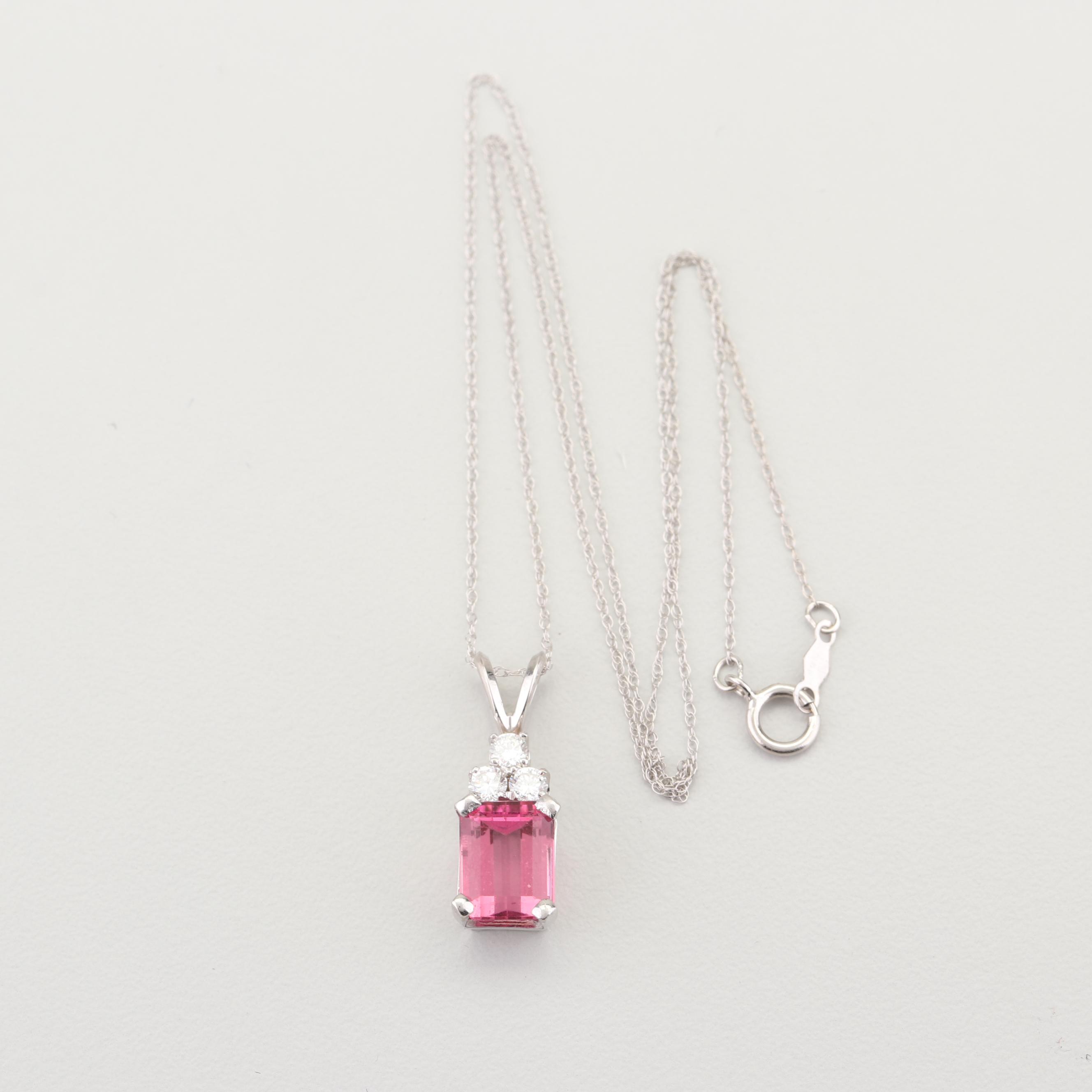 14K White Gold Imitation Pink Sapphire and Diamond Pendant Necklace EBTH
