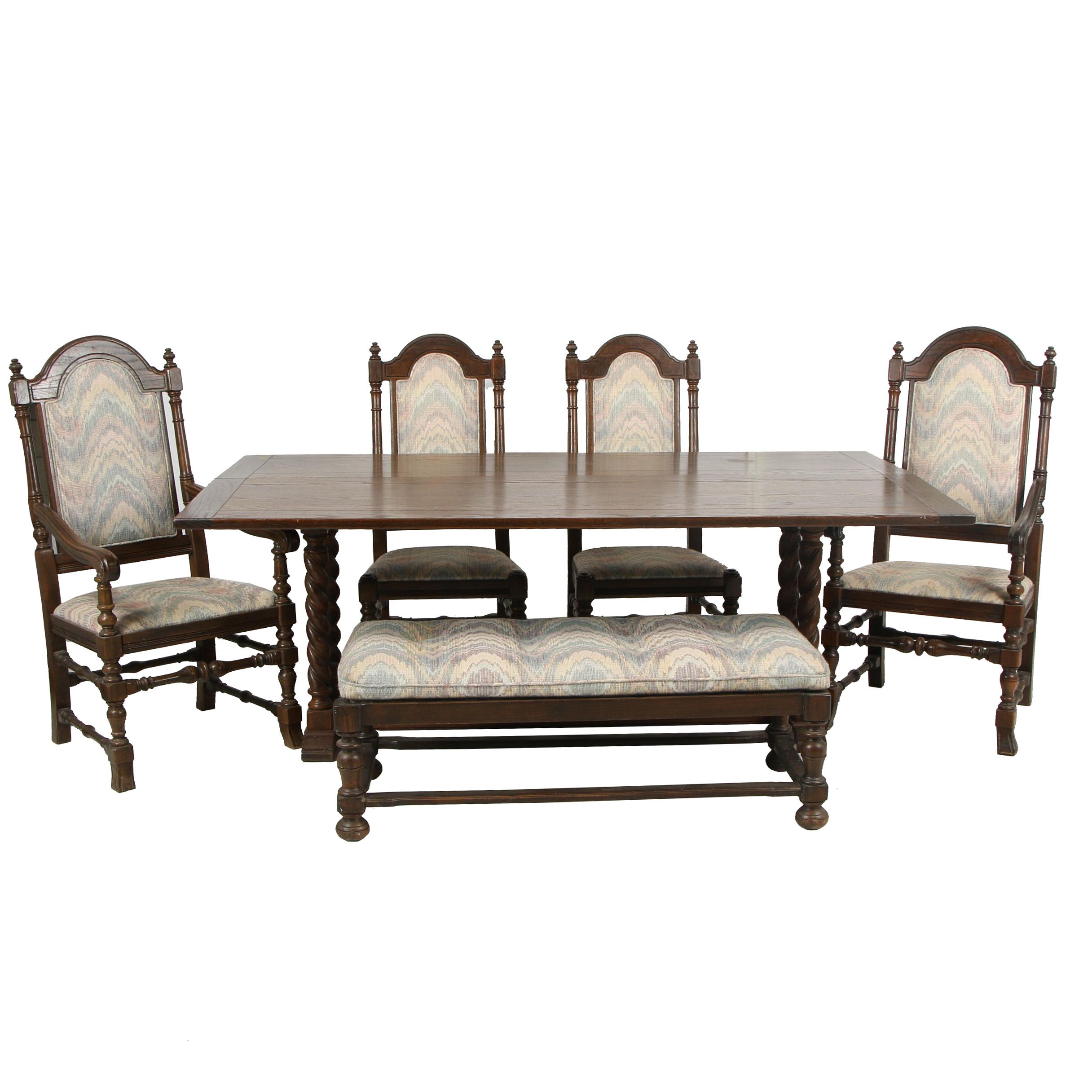 Jacobean Revival Style Oak Table With Chairs And Bench By Ethan