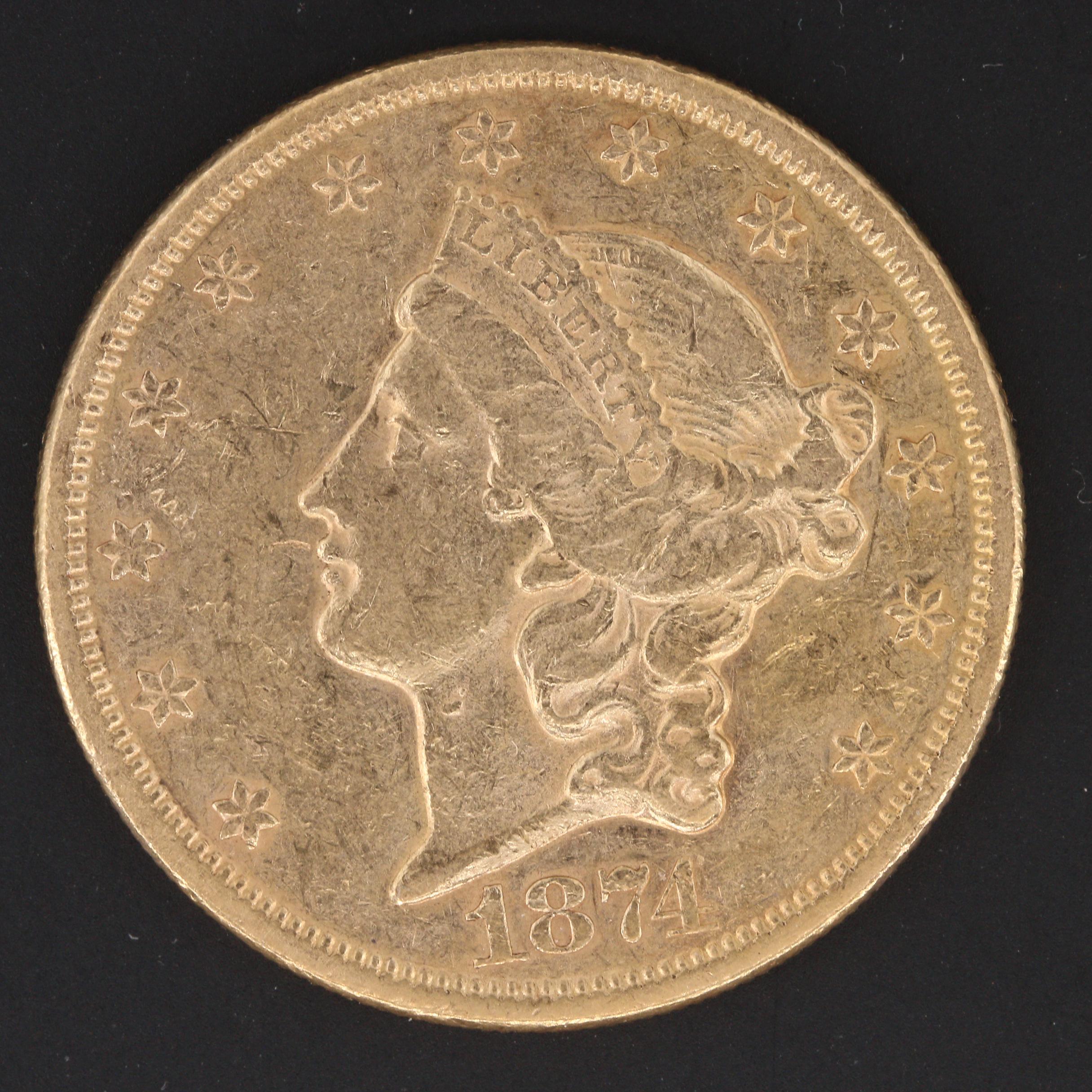 1874 S Liberty Head 20 Double Eagle Gold Coin