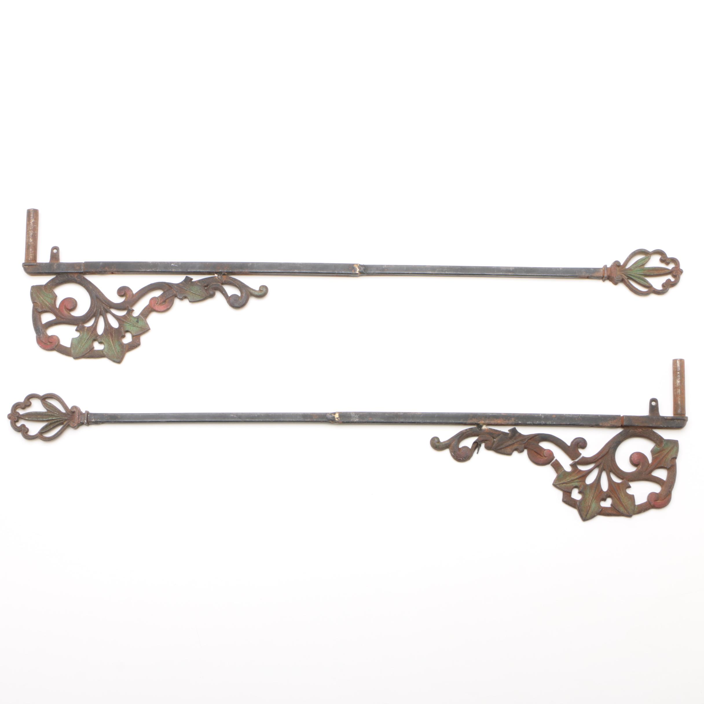 Pair Of Art Nouveau Polychrome Wrought Iron Swing Arm Curtain Rods Early 20th C